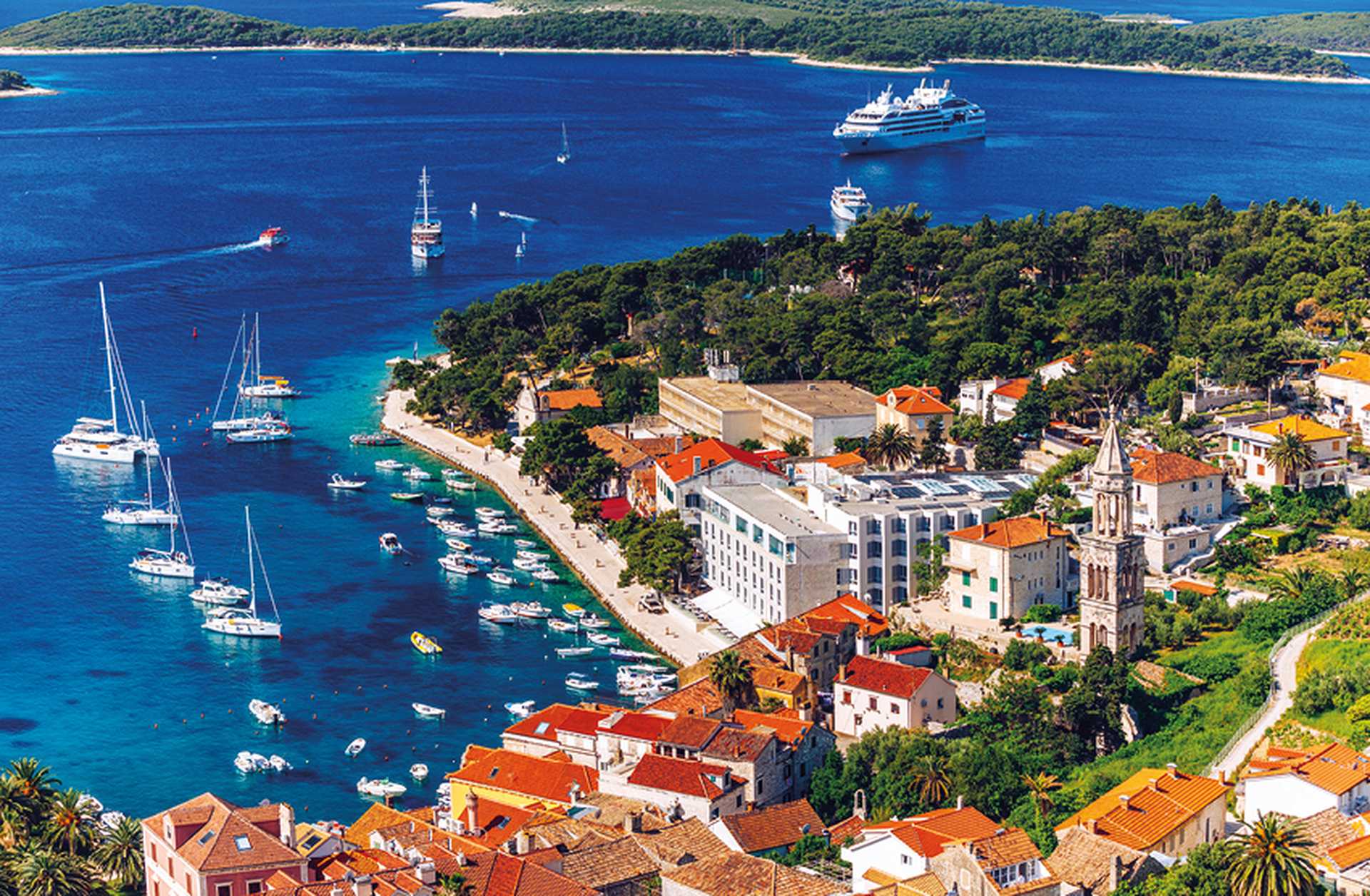Aerial shot of yachts moored in the harbour of Hvar Town on the Croatian island of Hvar