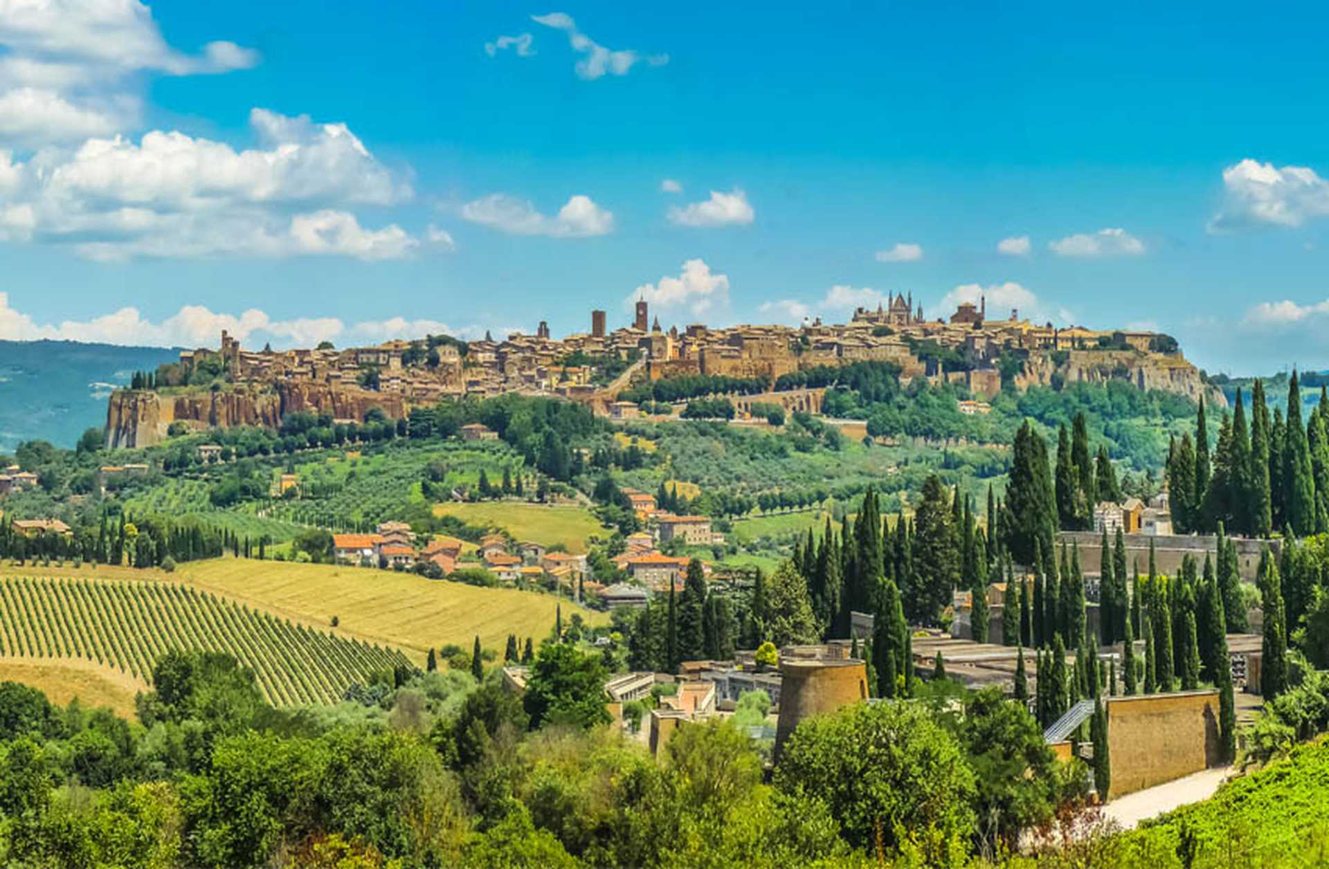 View across cypress tree-studded countryside to the Umbrian town of Orvieto