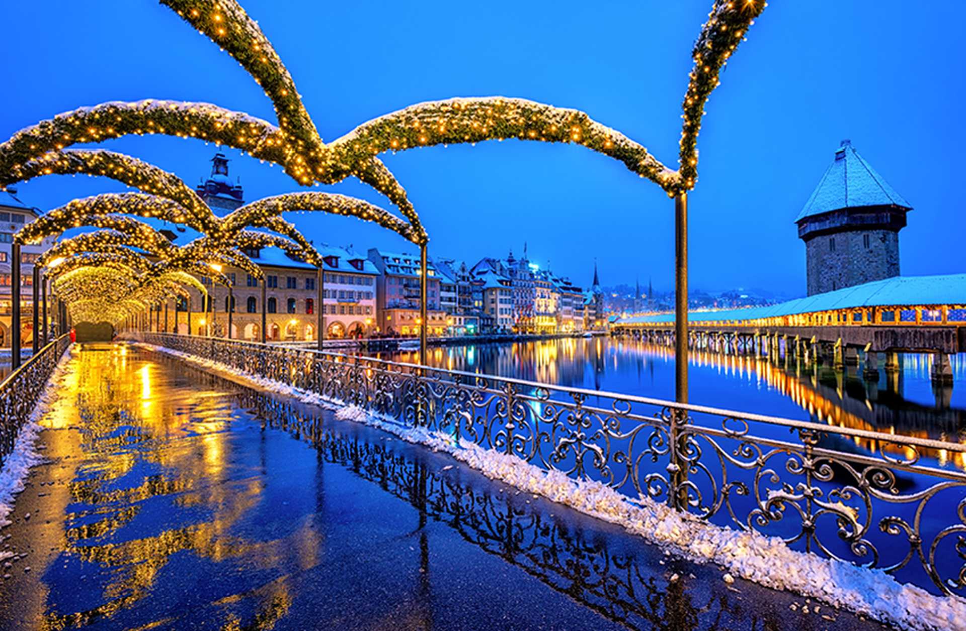The old town of Lucerne, Switzerland, decorated with Christmas lights