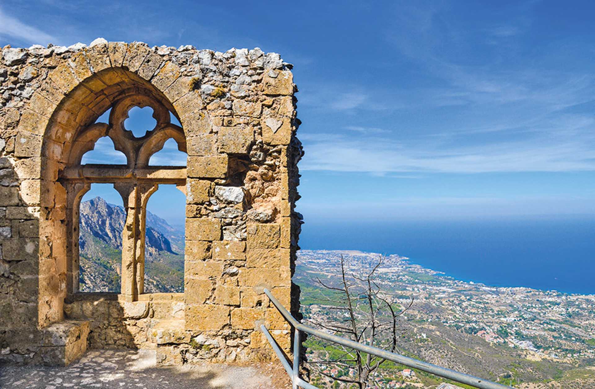 Medieval ruins of  St. Hilarion Castle offering an amazing view over the landscape of  Kyrenia and Mediterranean