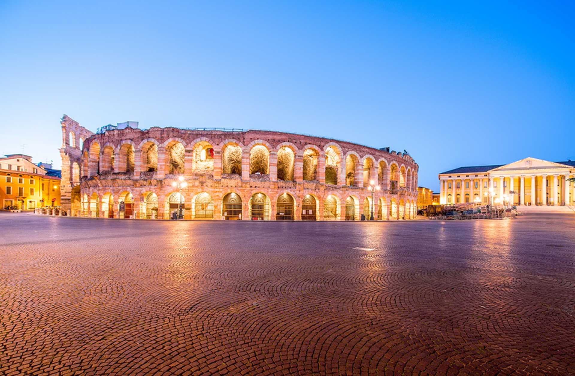 Verona's Roman amphitheatre illuminated at night