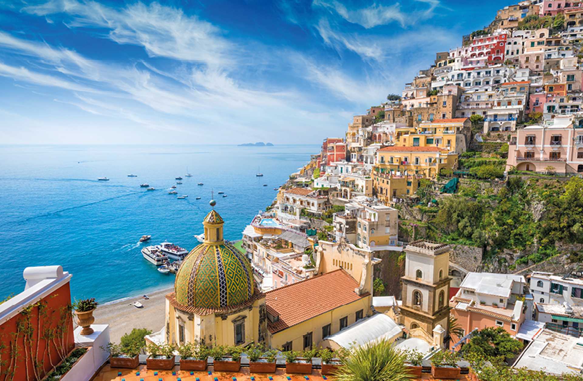 Positano, Italy, Europe, Amalfi Coast, blue skies, blue seas