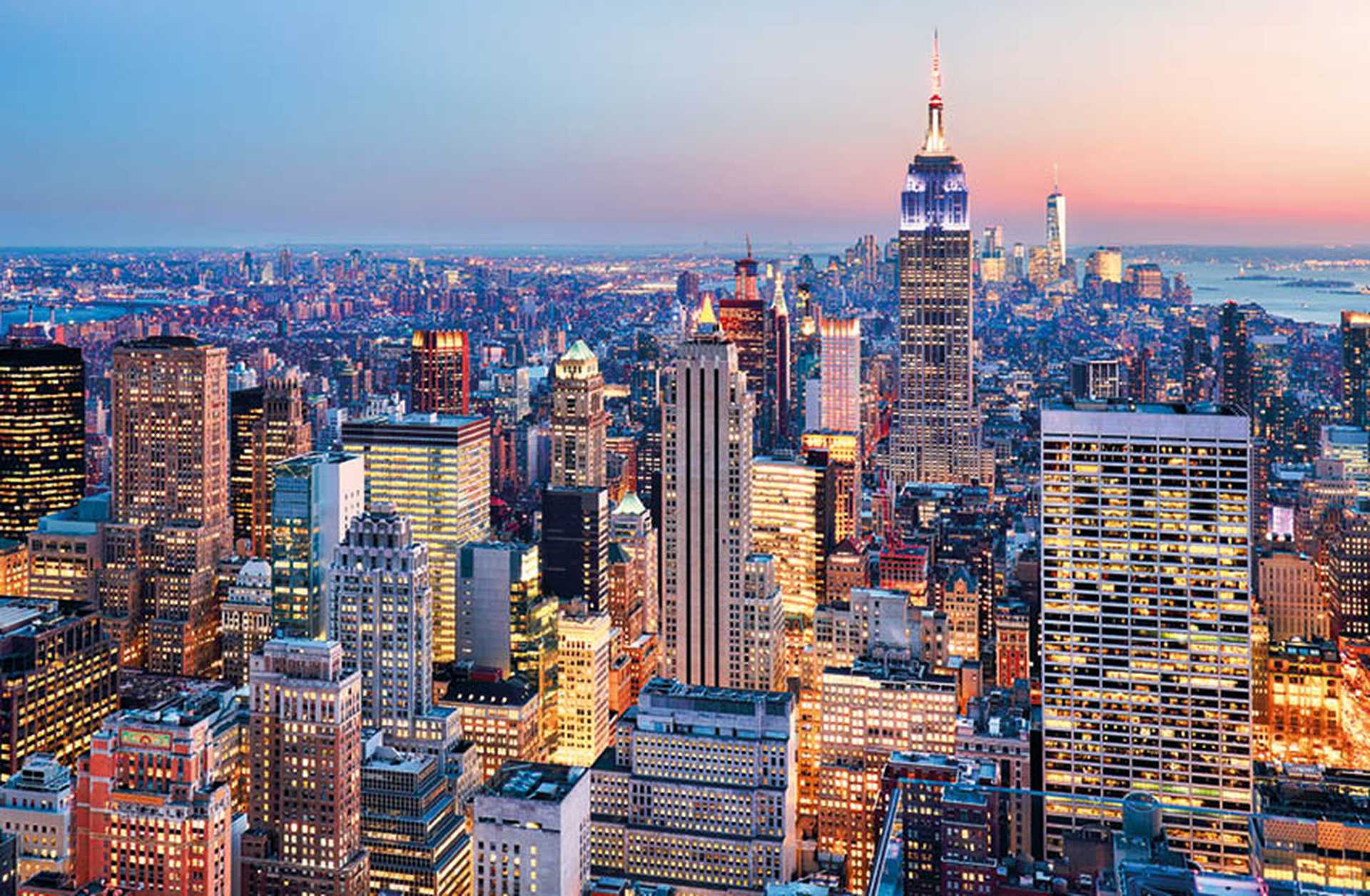 Aerial view of Manhattan's skyline at twilight