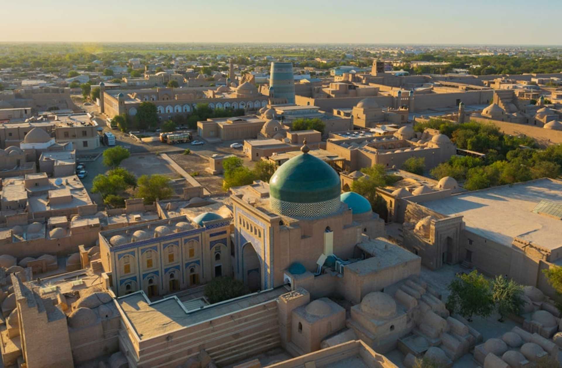 Aerial view of the Silk Road city of Khiva in Uzbekistan, Central Asia