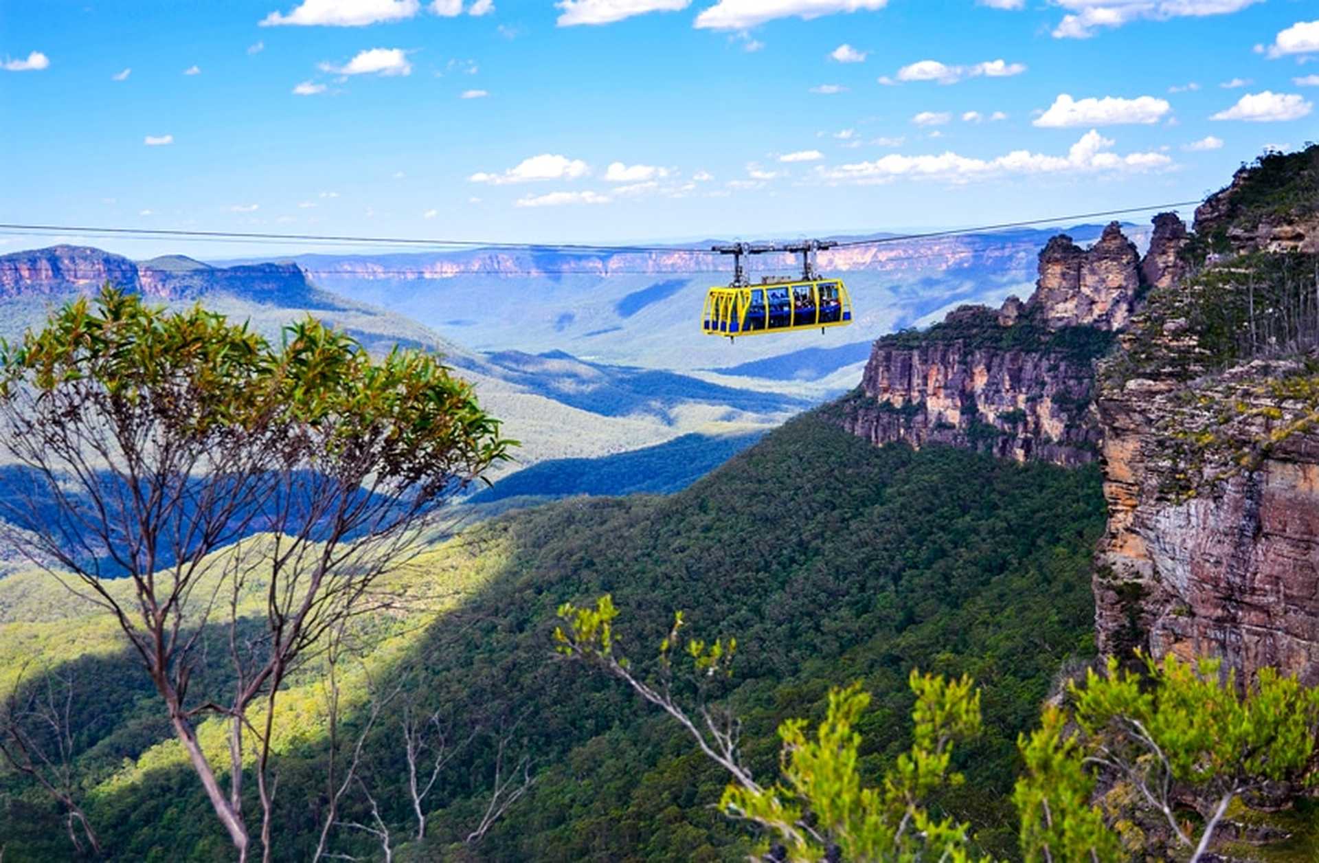 A cable car travels across a gorge in the Blue Mountains, Australia