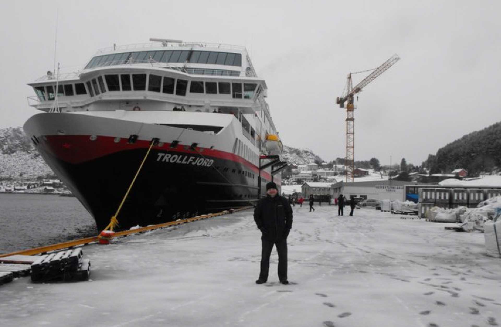 A Hurtigruten ship docked in Norway during winter