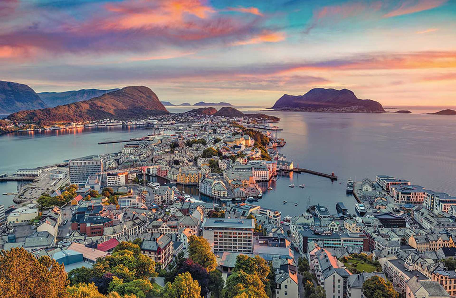 An aerial view of Alesund, Norway