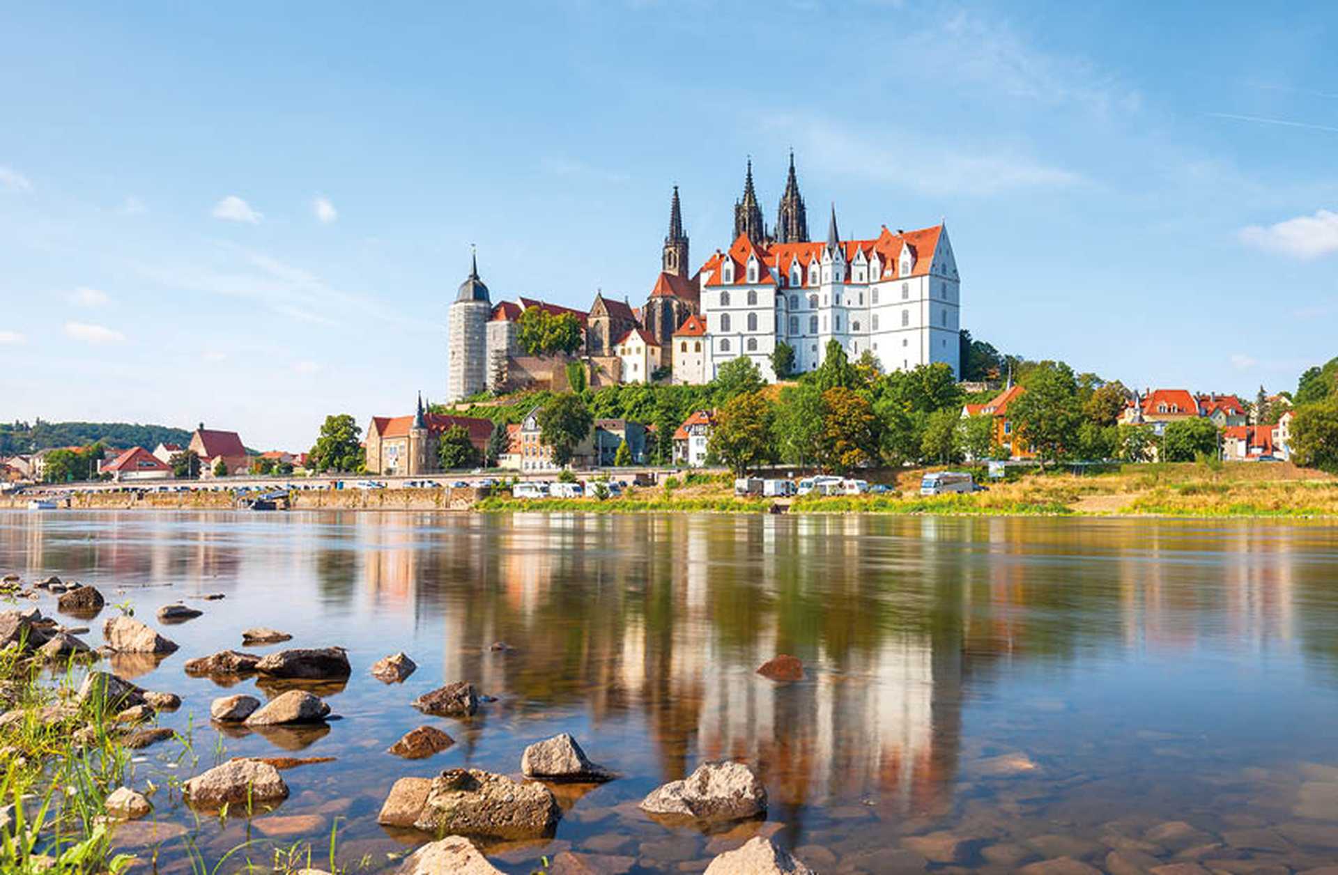Medieval Albrechtsburg Castle and the Gothic cathedral in Meissen, a town on the Elbe river, Germany