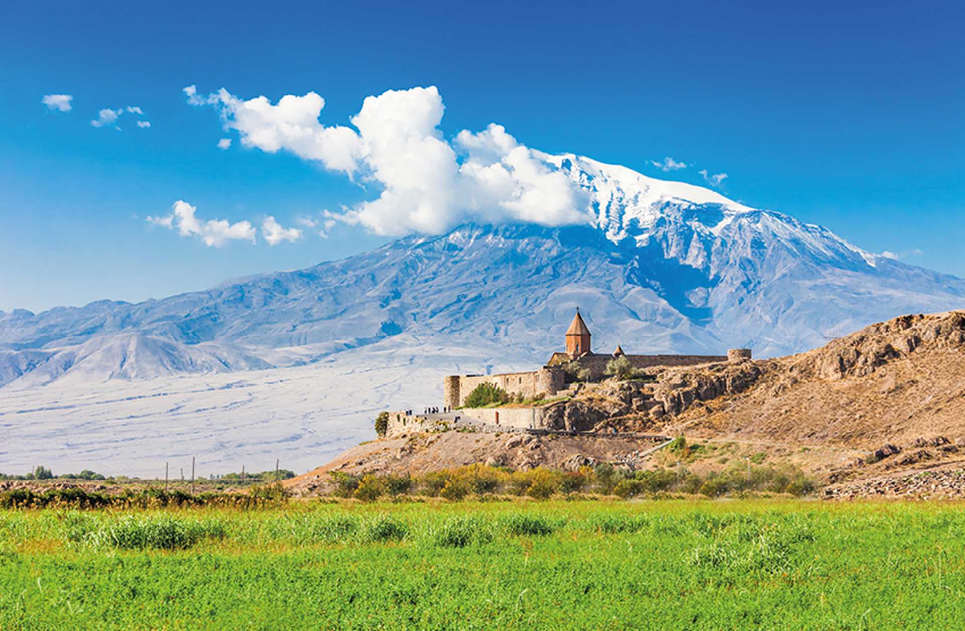 Khor Virap monastery in Armenia with snow-capped Mount Ararat in background