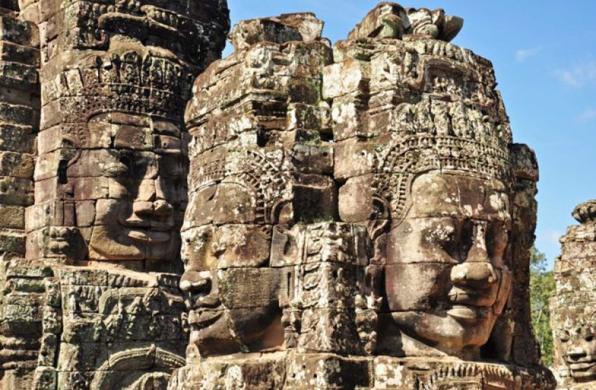 Stone carvings at Bayon temple in Angkor, Cambodia