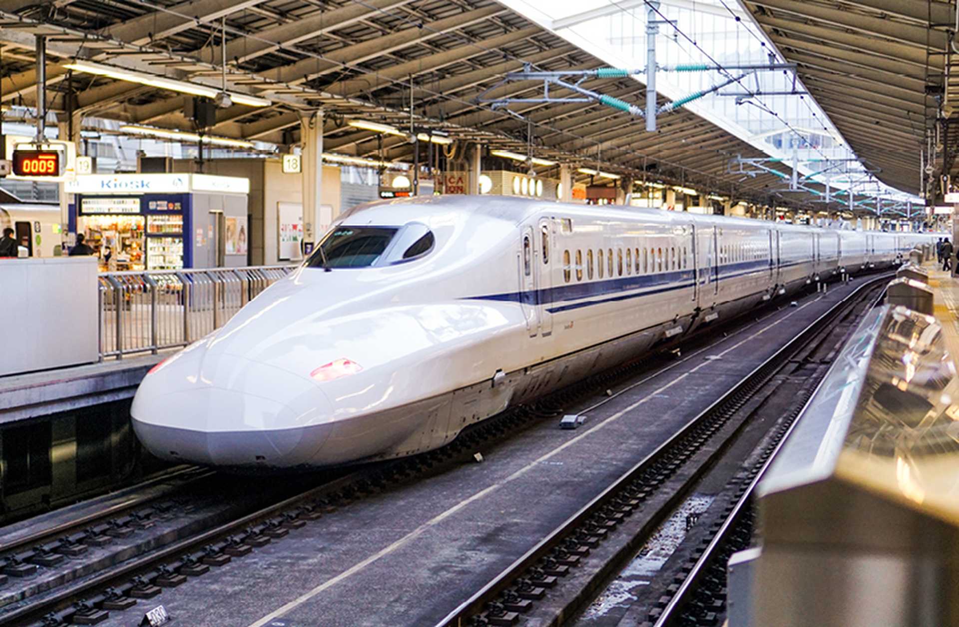 One of Japan's famous bullet trains arrives in a station