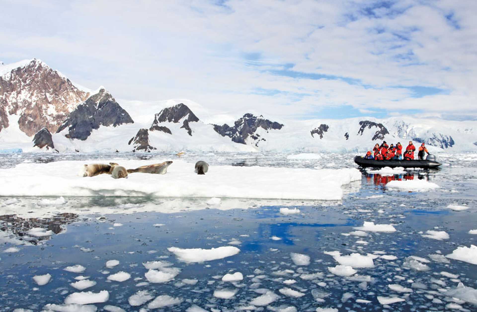 Inflatable boat full of tourists, watching for whales and seals on the Antarctic Peninsula