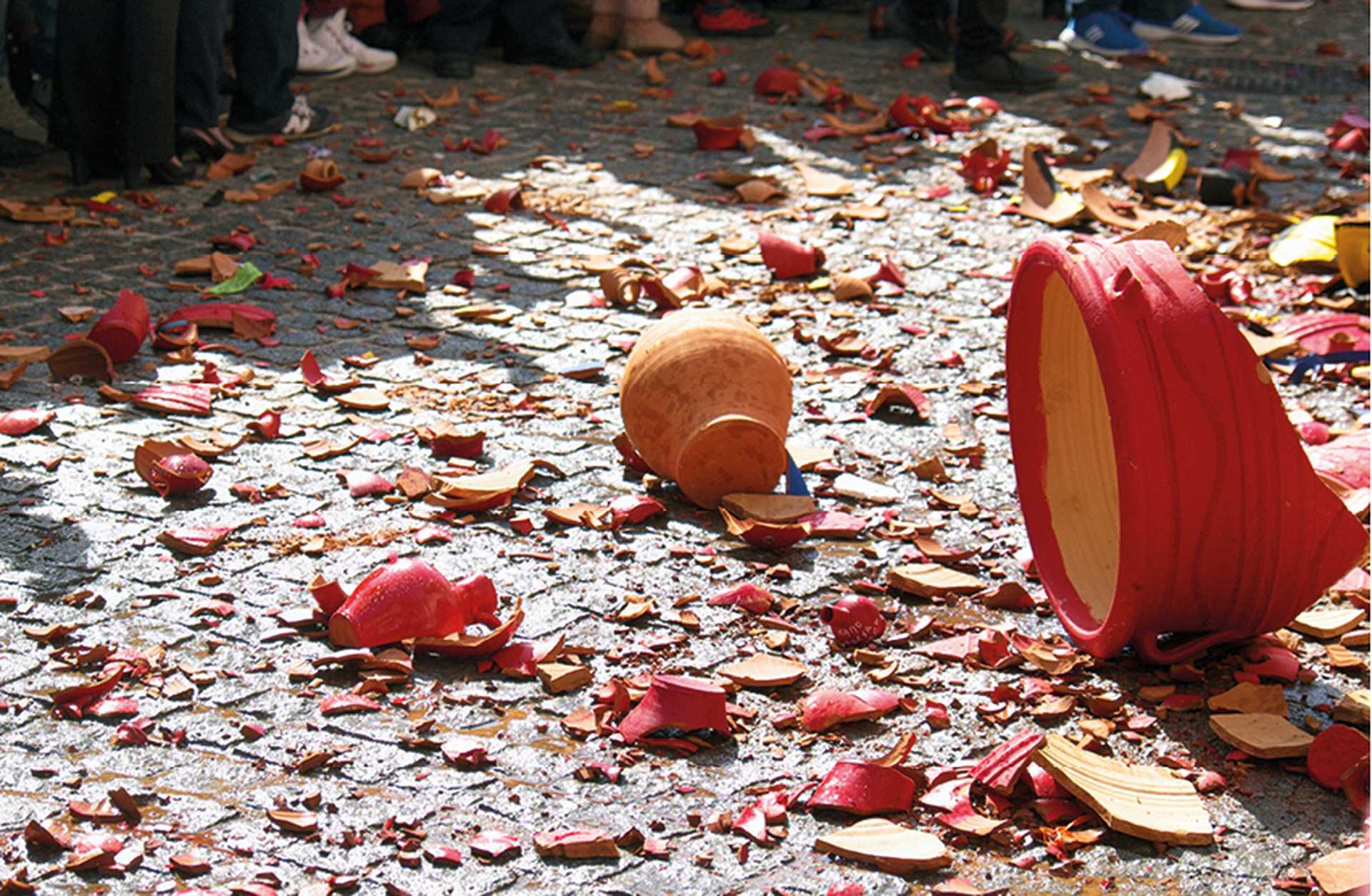 Pots smashed on the ground during a traditional Orthodox Easter celebration in Corfu, Greece