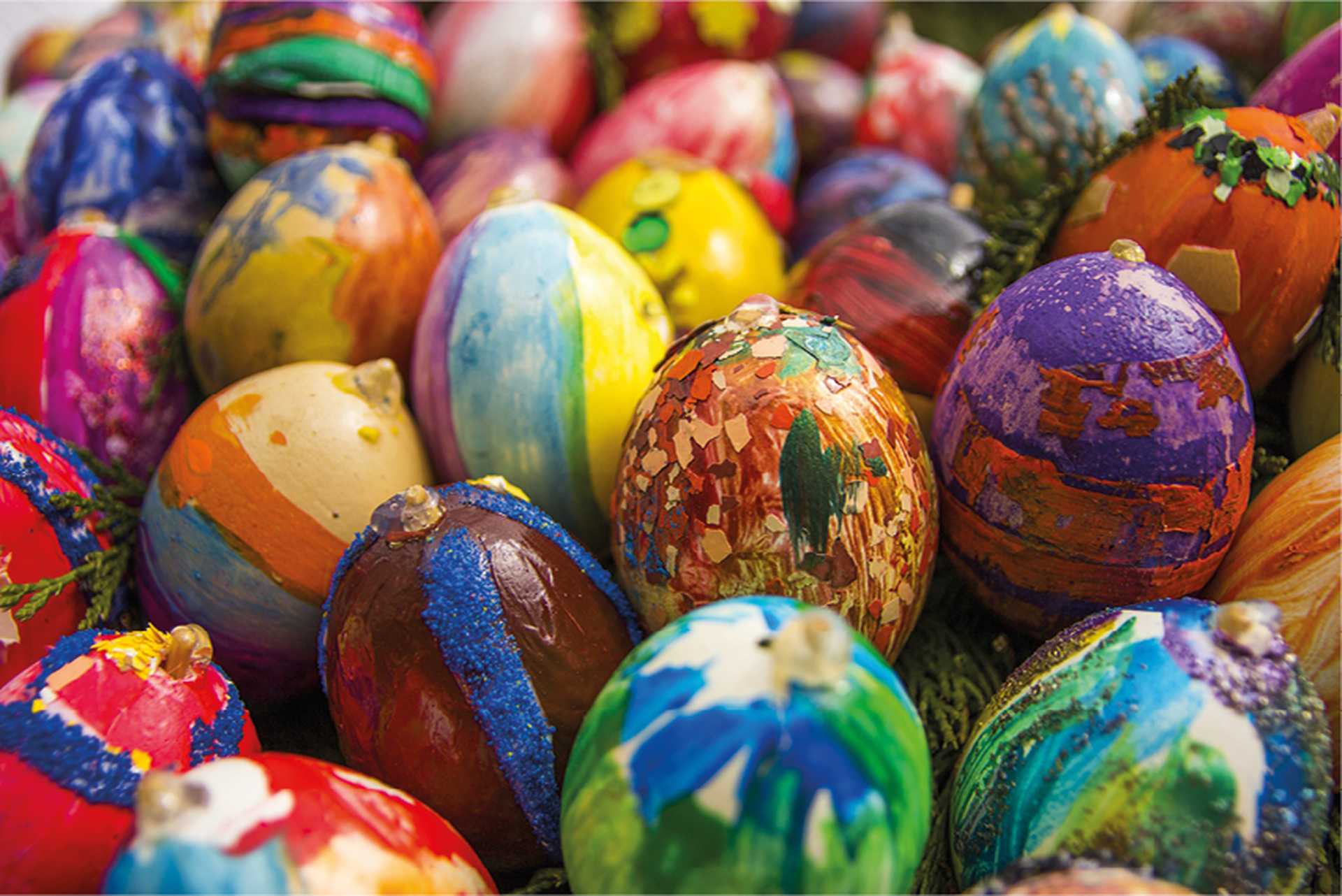 An array of colourfully painted Easter eggs