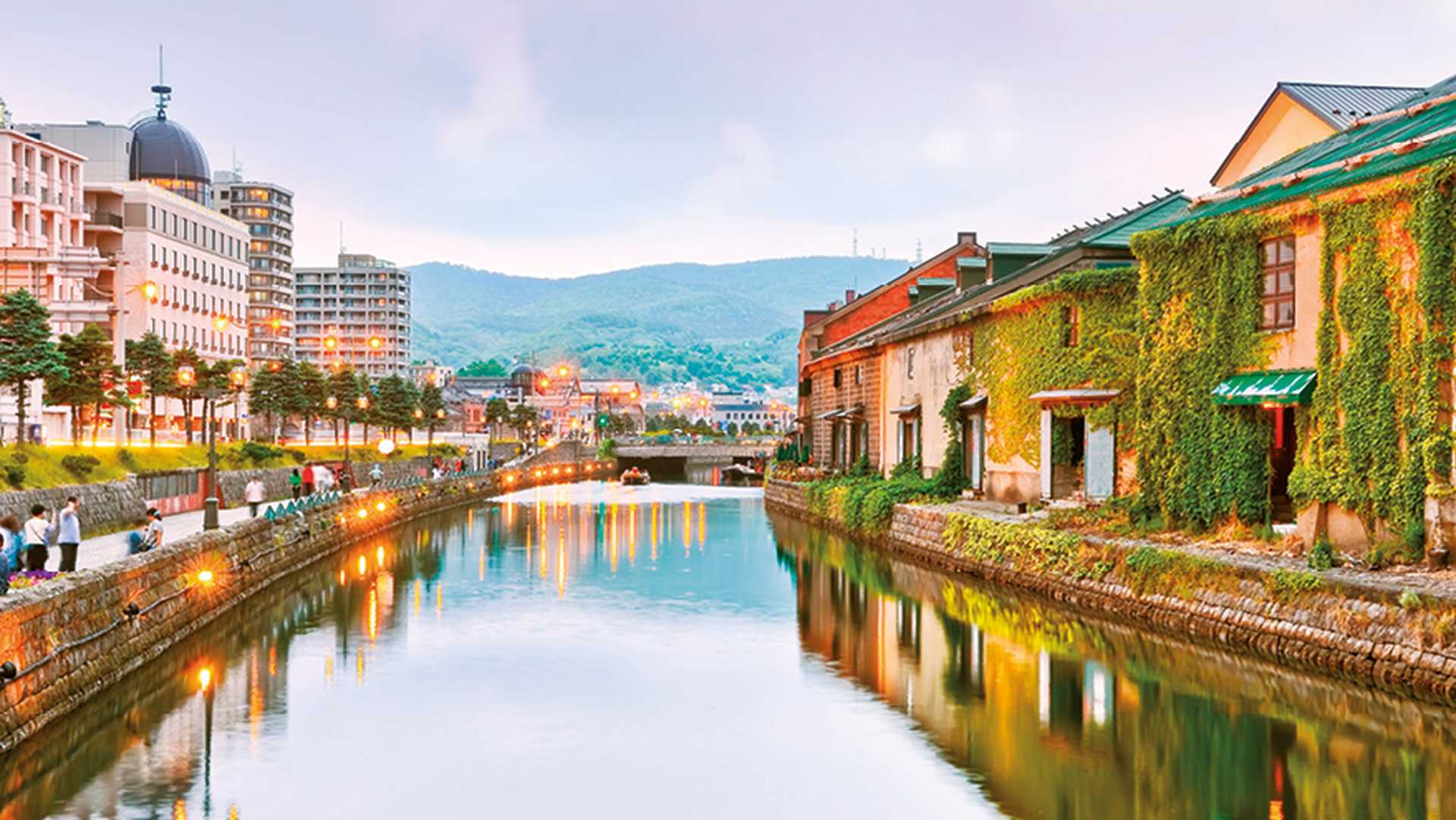 View of the Otaru Canal at dusk in Otaru, Hokkaido, Japan
