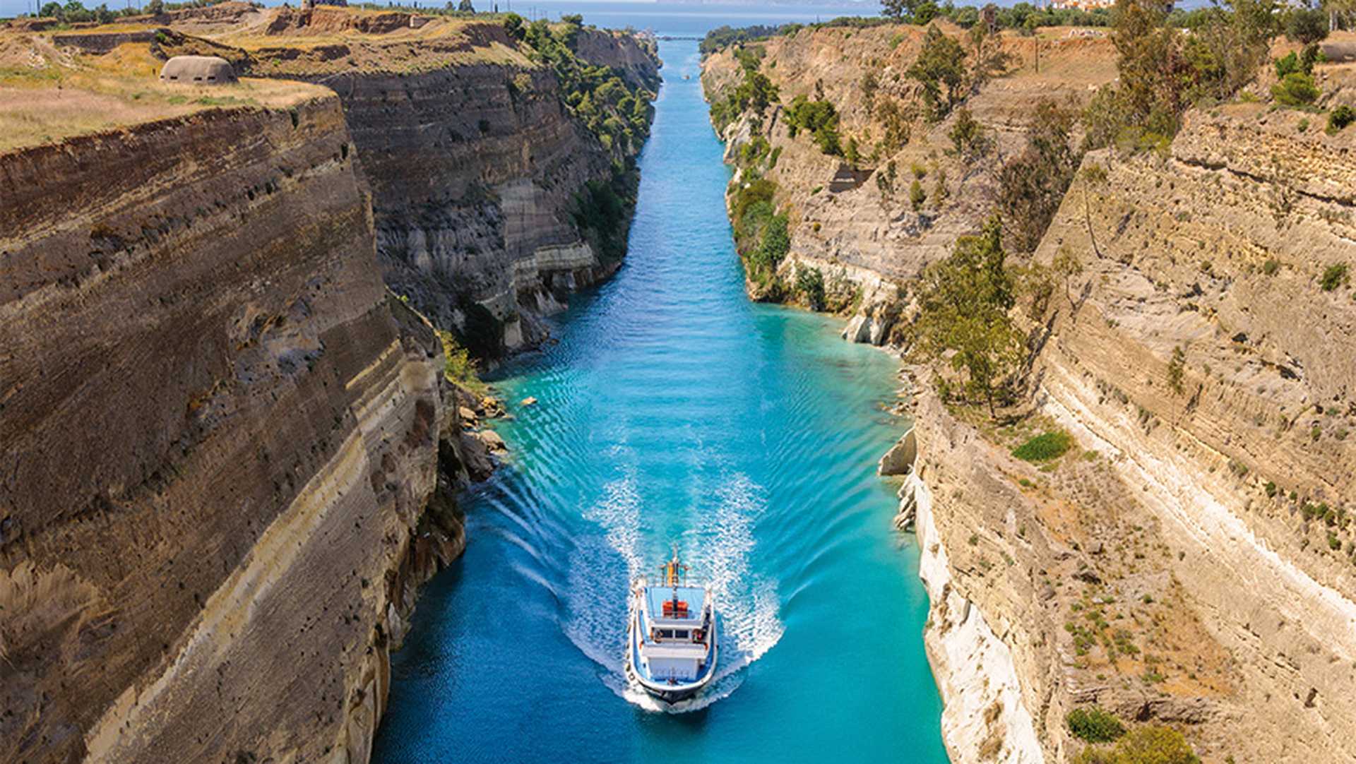 Ship passing through Corinth Canal in Greece