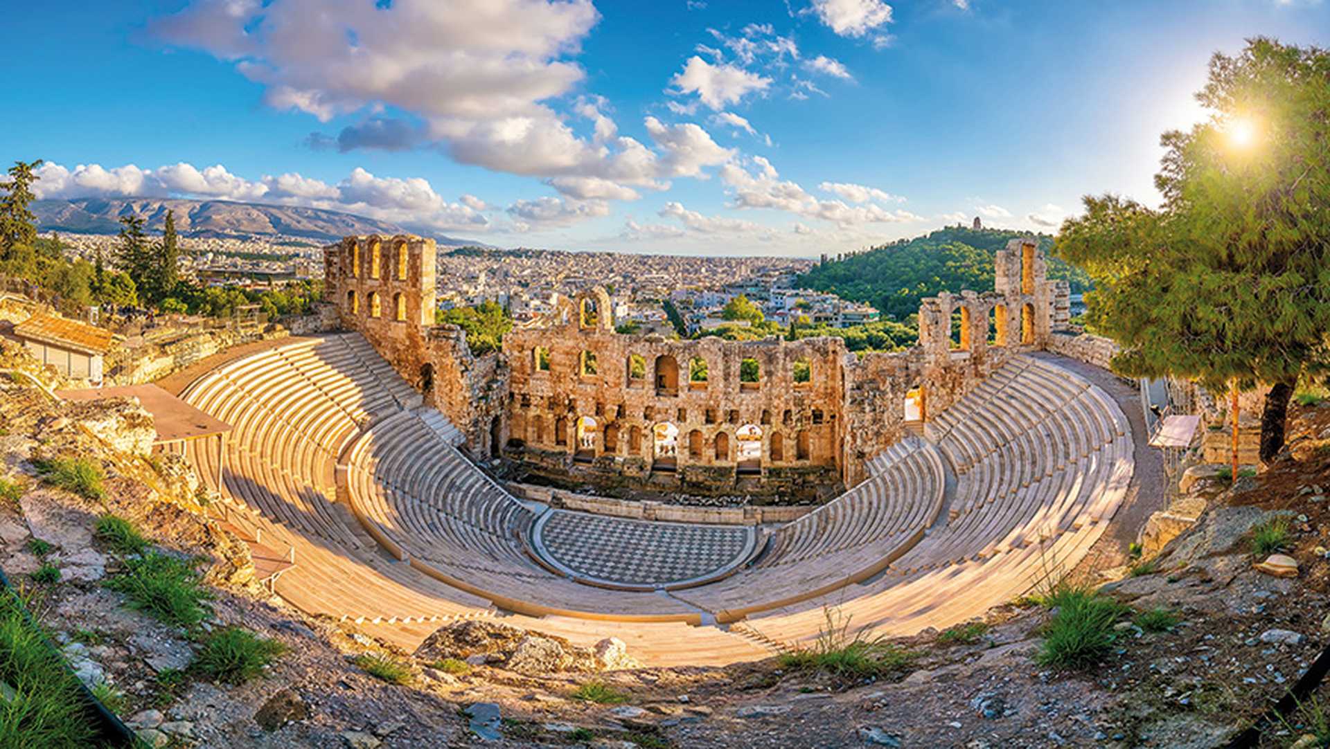 The Odeon of Herodes Atticus Roman theater structure at the Acropolis of Athens, Greece.