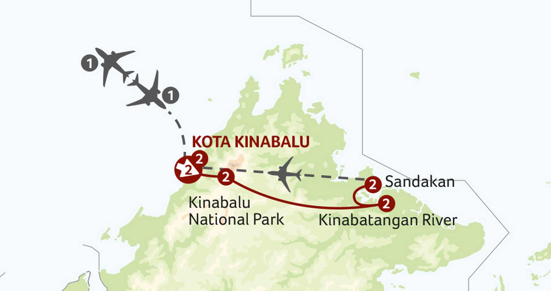 Map for Wild Borneo tour, including stops in Kota Kinabalu, Sandakan, Kinabatangan River, and Kinabalu National Park