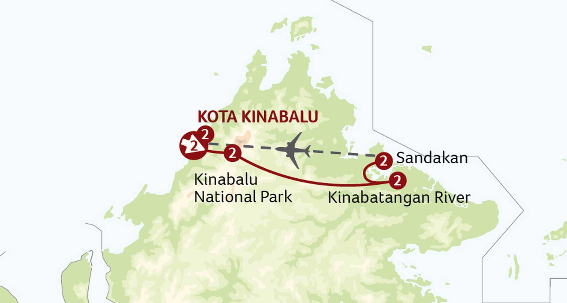 Map for Wild Borneo tour, including stops in Kota Kinabalu, Sandakan, Kinabatangan River, and Kinabalu National Park
