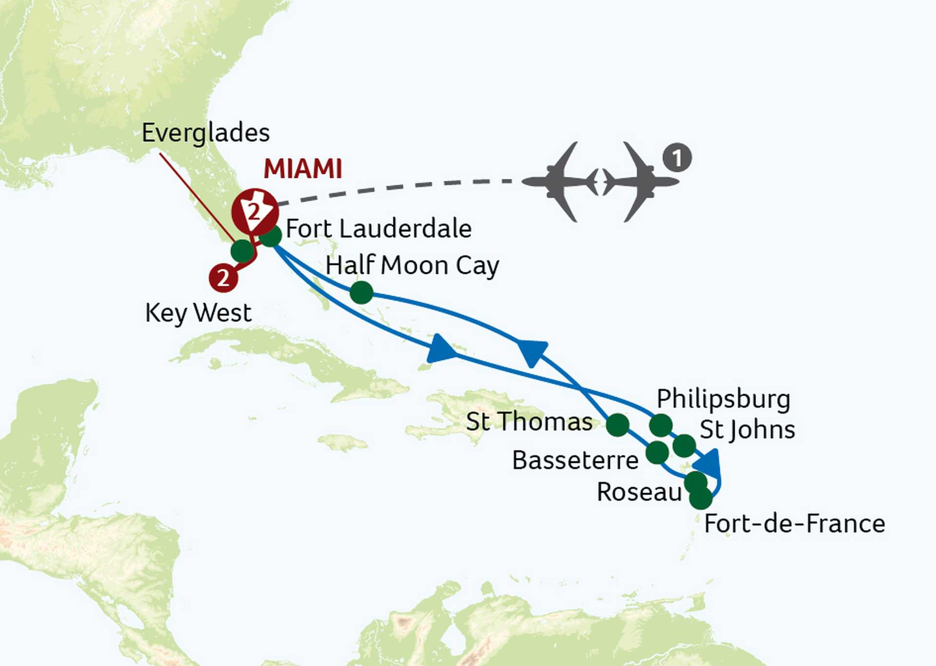 HKW 19Feb24 map Miami, Key West and Treasured Islands of the Caribbean Cruise and Tour