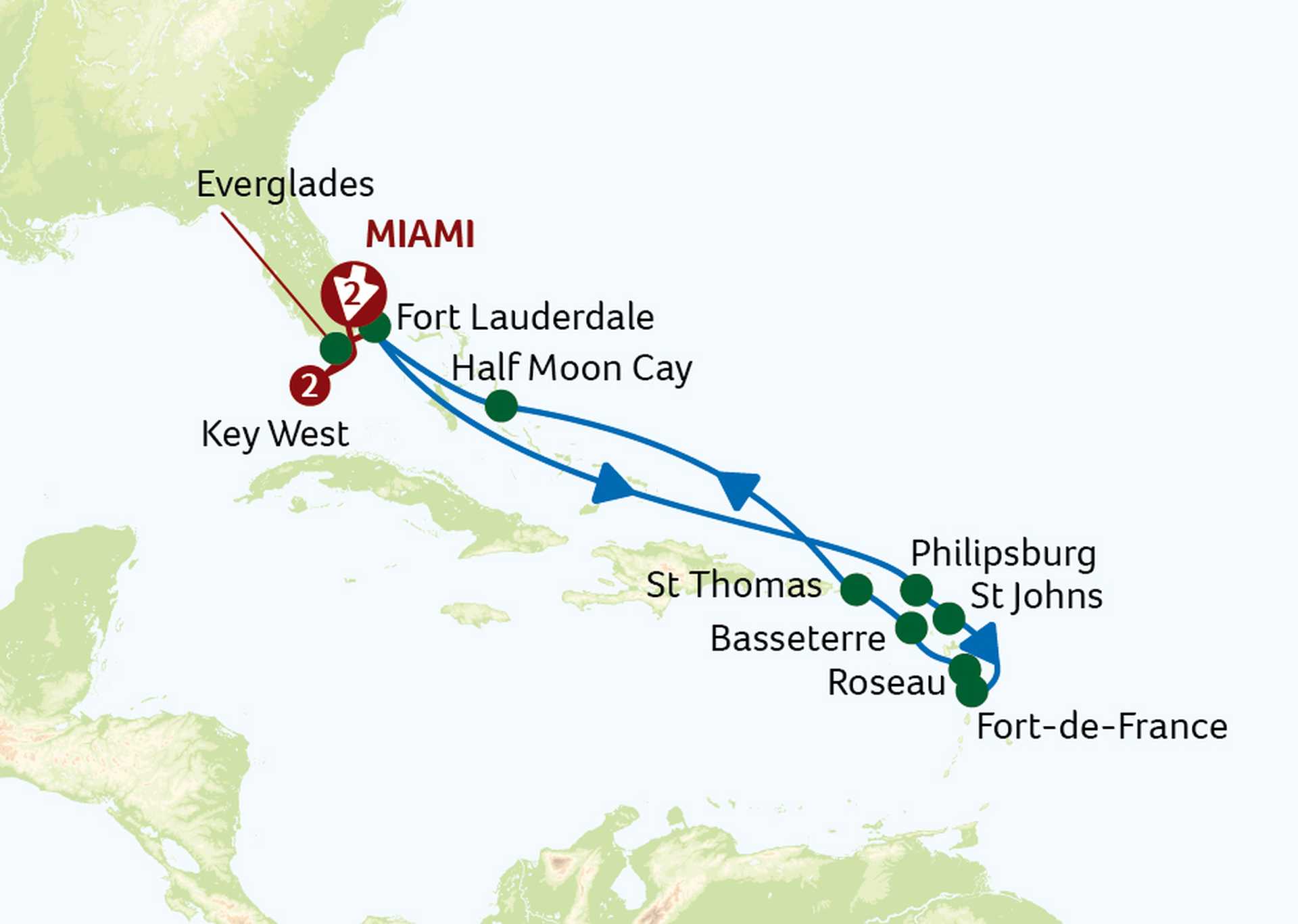 HKW 19Feb24 map Miami, Key West and Treasured Islands of the Caribbean Cruise and Tour