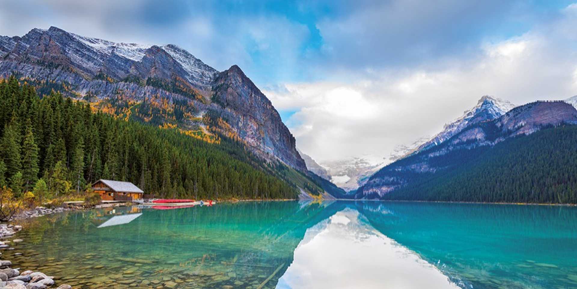 View of Lake Louise and Rocky Mountains in Banff National Park, Canada