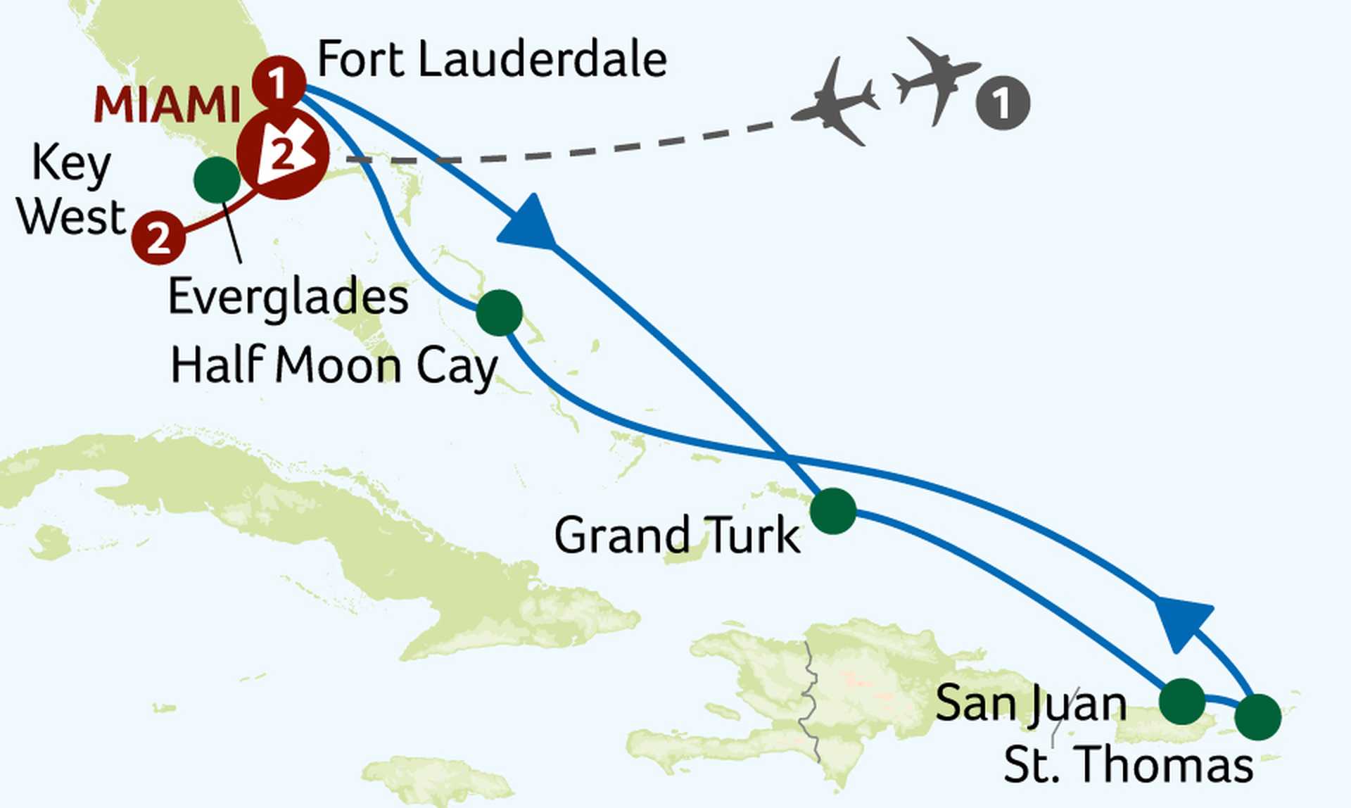 Miami, Key West and Treasured Islands of the Caribbean Cruise and Tour. HKW 2027 map
