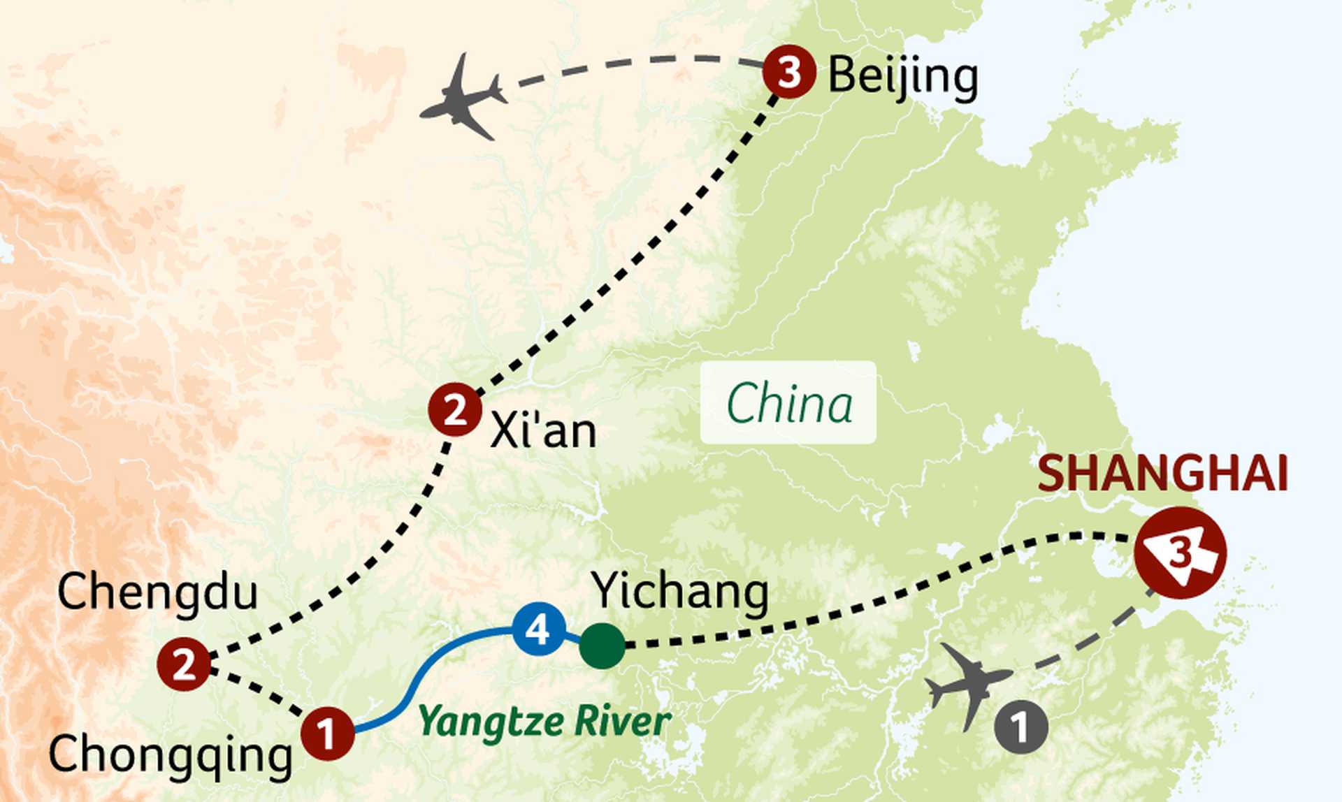 China's Grand Dynasties with Yangtze River Cruise map. CKY