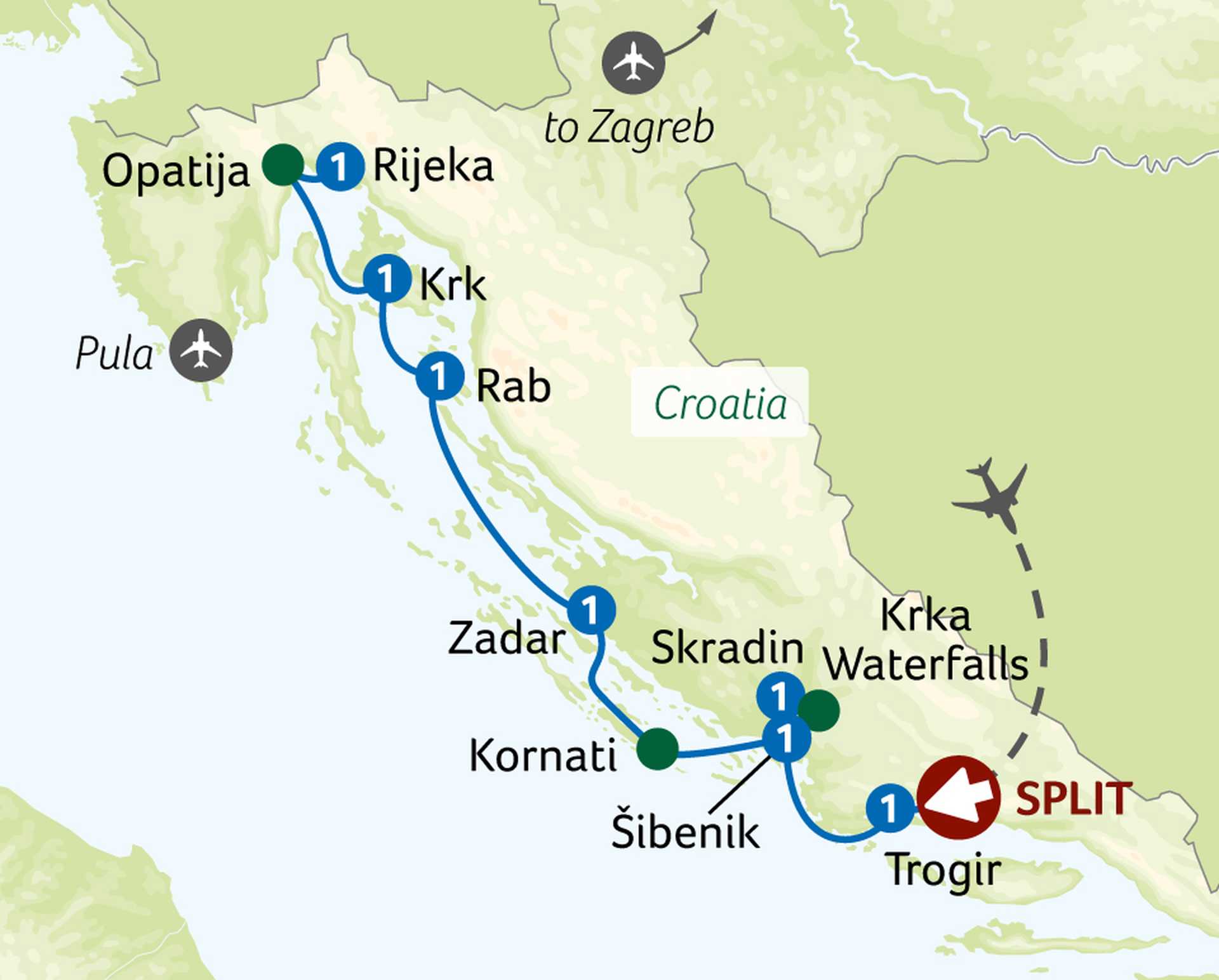 CH1 Croatia's Coast & Islands tour map