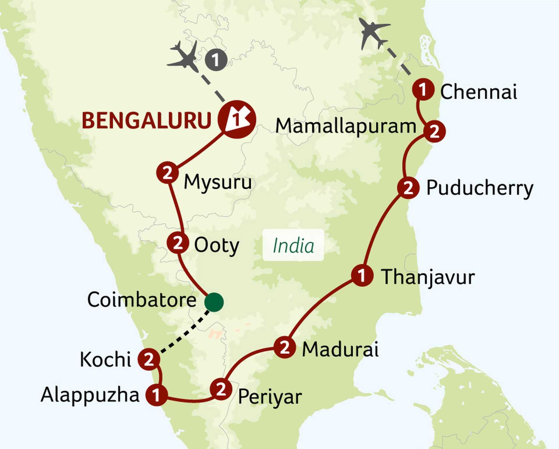 Grand Tour of South India tour map - ing