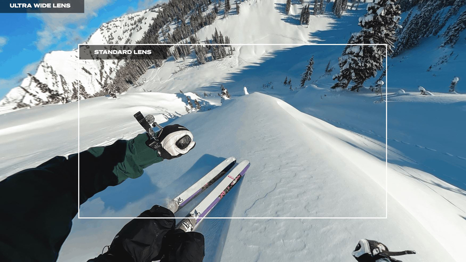 Unterschied zwischen HERO13 Standardobjektiv und Ultrawide beim Skifahren.