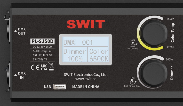 Anzeige der Steuerungsinformationen  Das LCD-Display auf der Rückseite zeigt den Dimmeranteil, die Farbtemperatur, die DMX-Adresse und den Gruppenkanal an. Drücke den Dimmerknopf lange, um die DMX-Adresse einzustellen, und drücke den Farbtemperaturknopf lange, um zwischen dem DMX-Konsolermodus und dem interaktiven Gruppensteuerungsmodus zu wechseln.