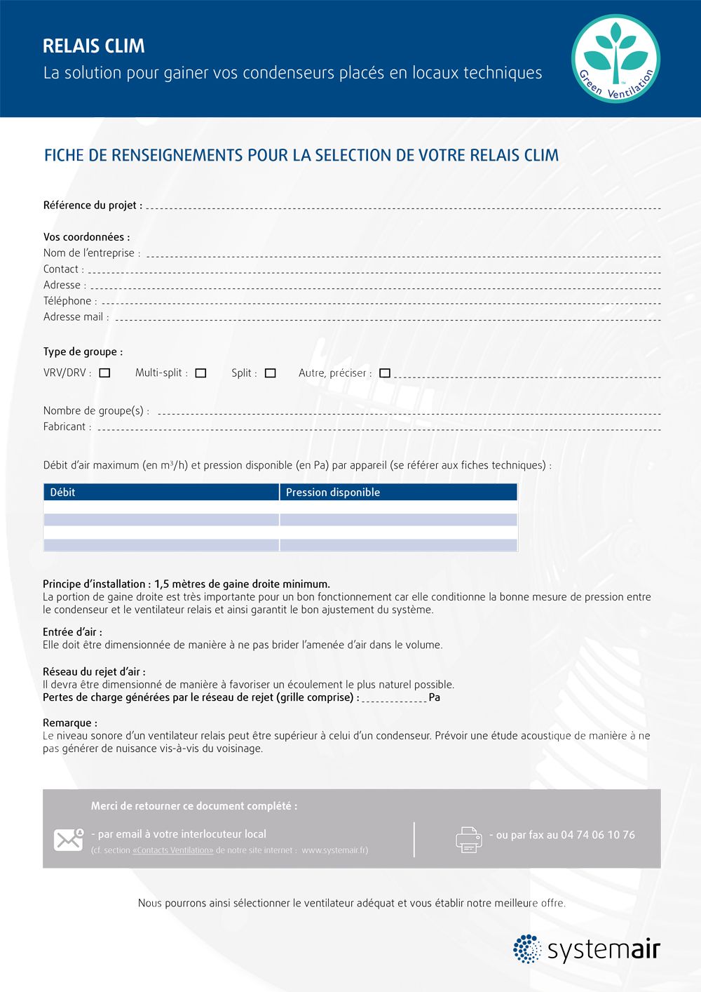 Relais Clim- Fiche de renseignement à remplir