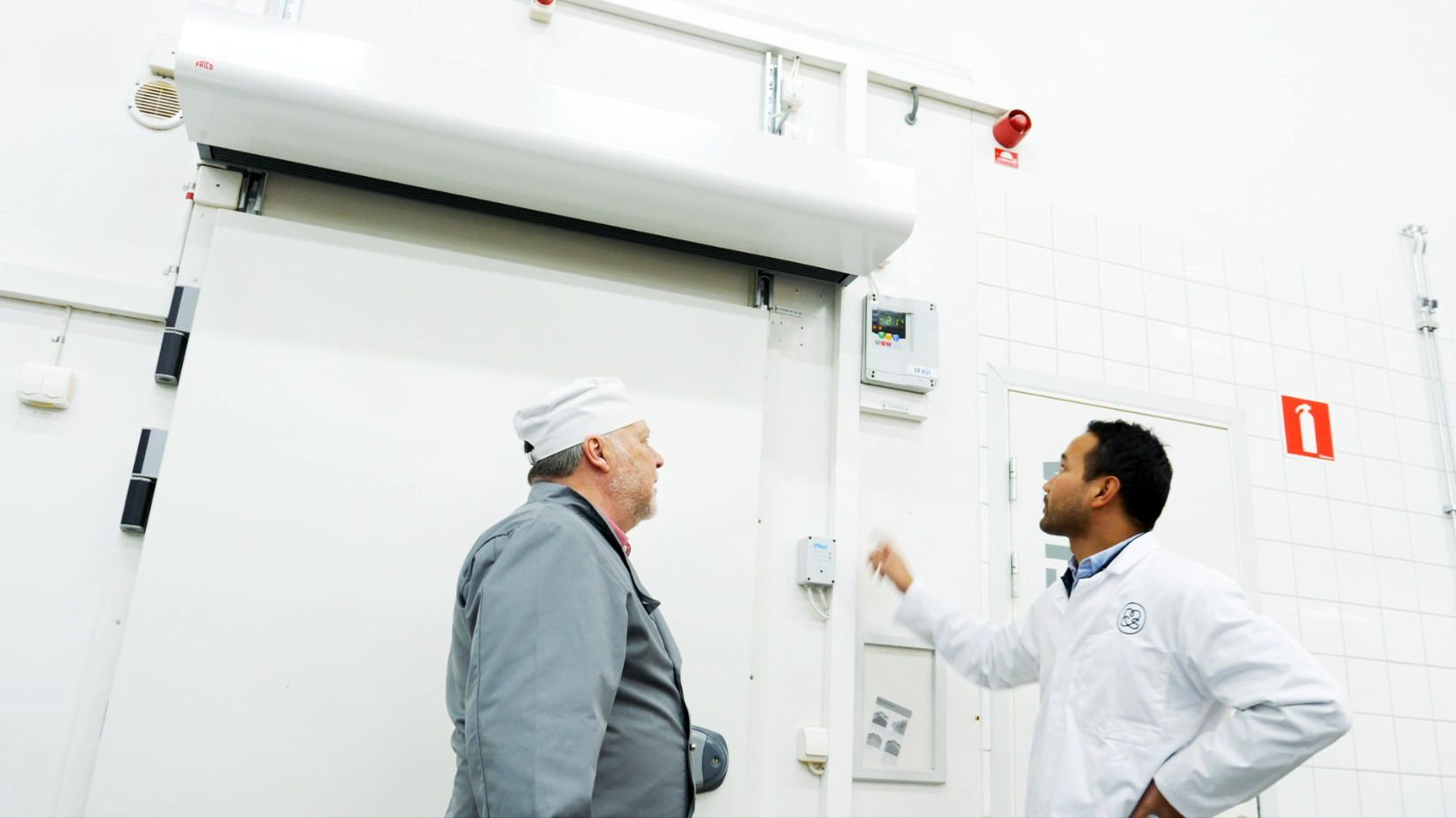 Photograph from a restaurant warehouse showing Systemair Frico Air Curtain