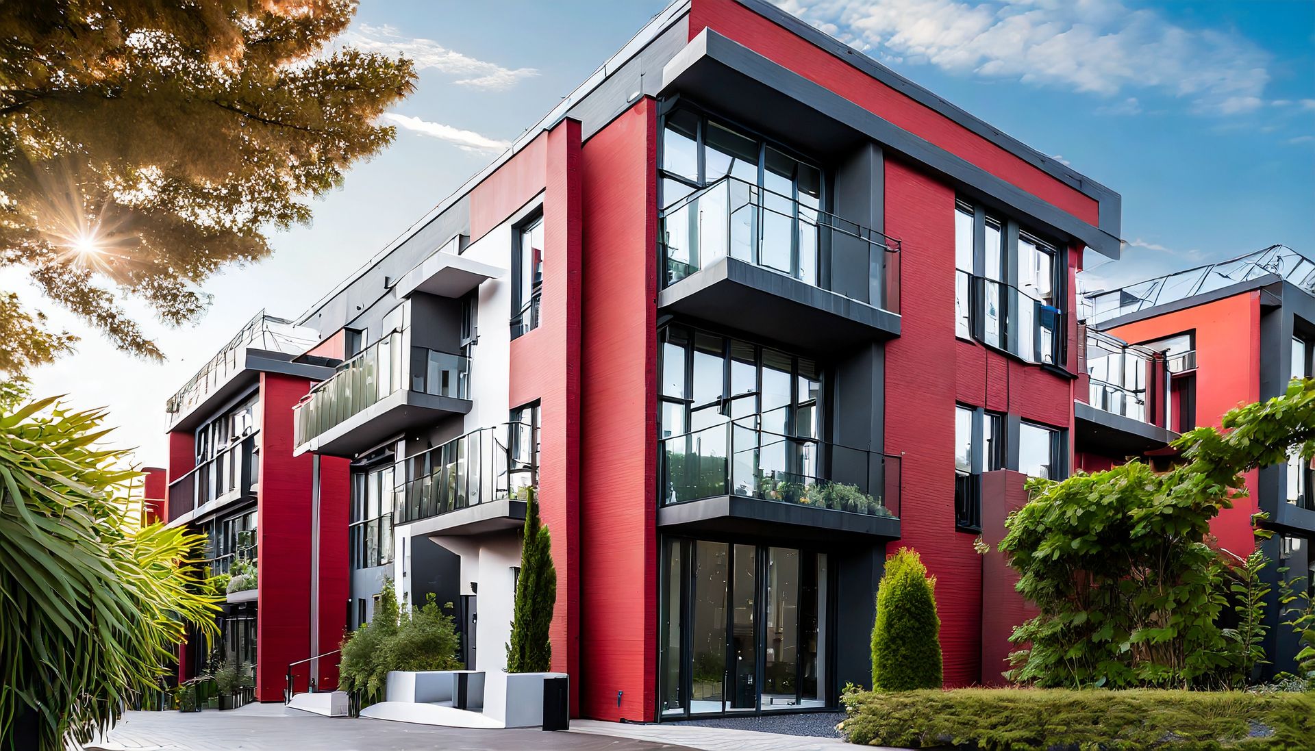 Image of a red modern mixed use building
