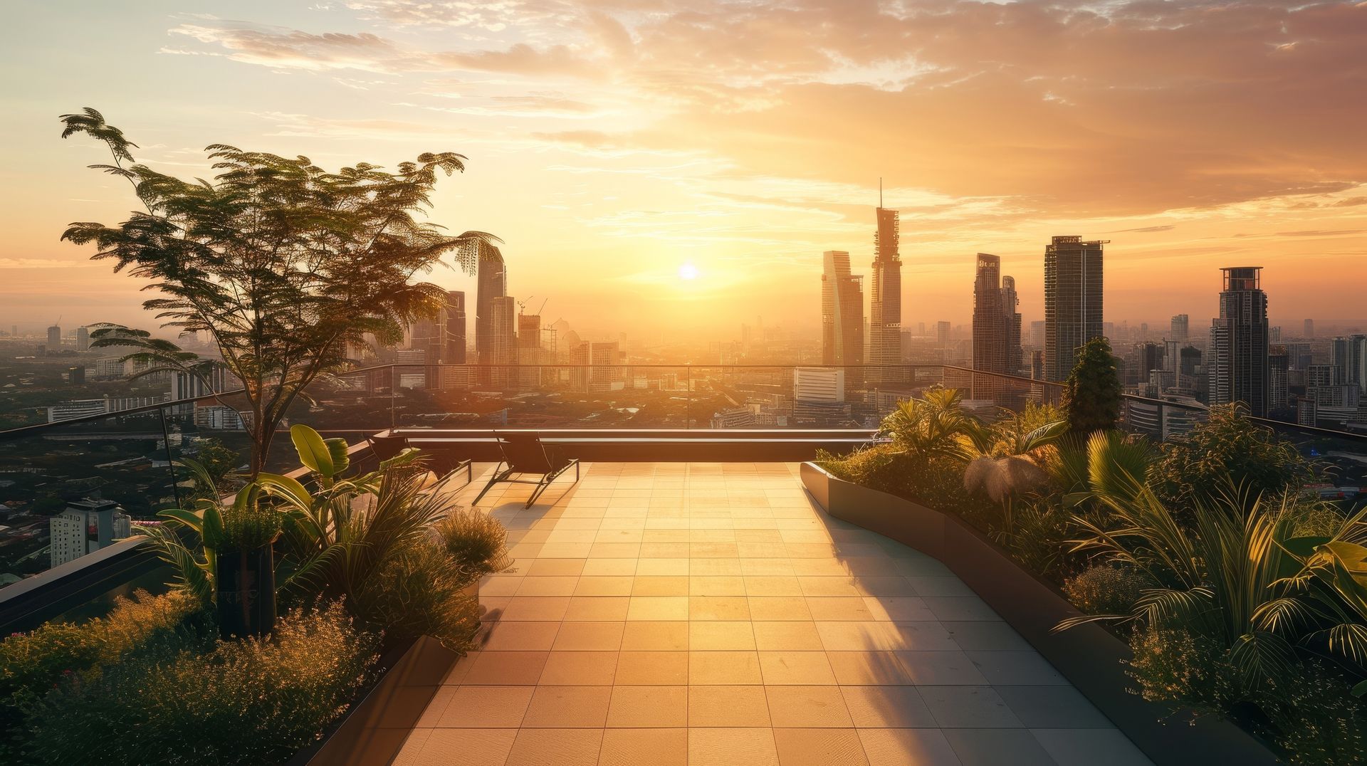 Stock 3D rendering of a rooftop with plants and skyline view