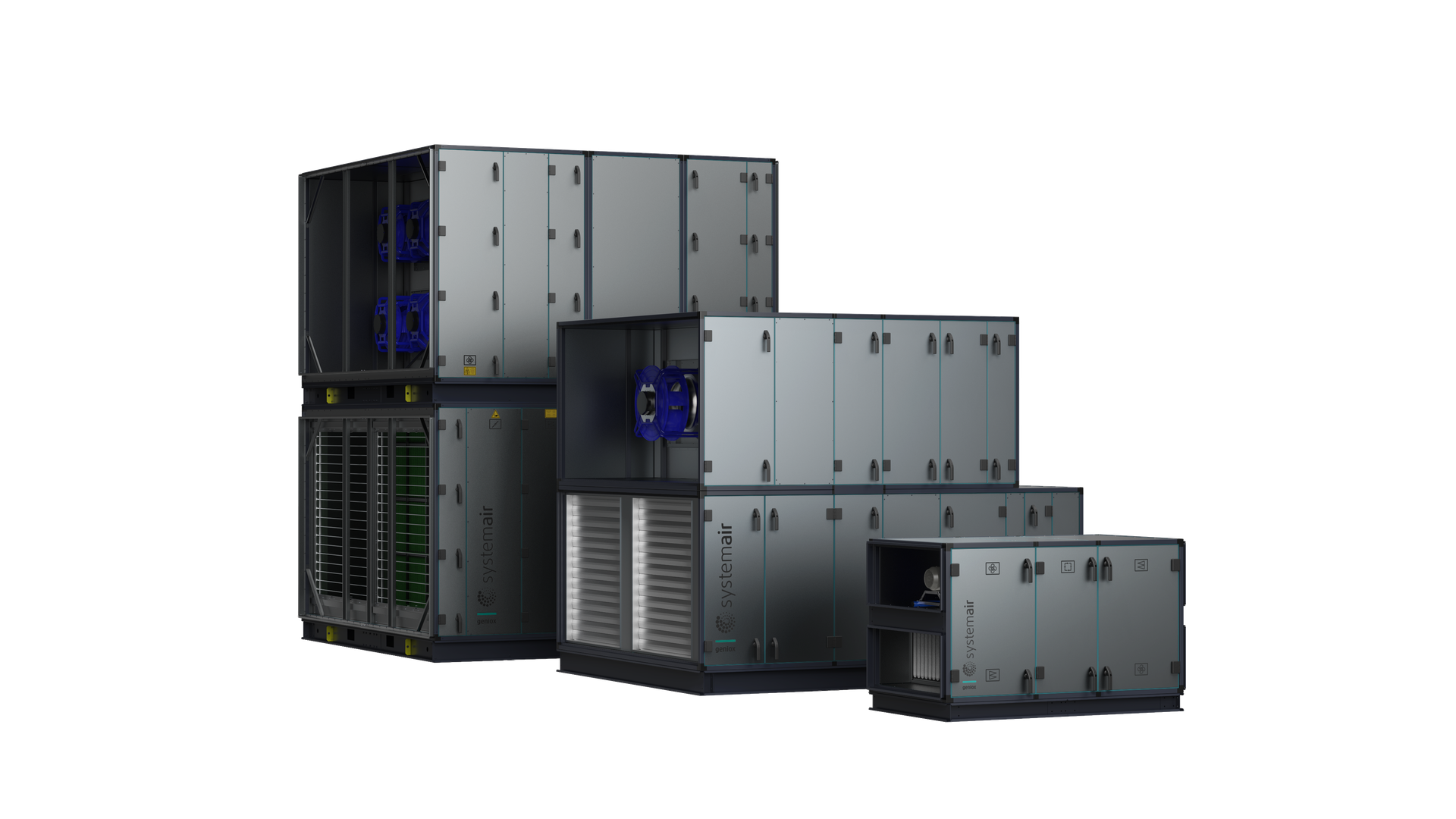 Rendering of three different size Geniox units showing the size difference.