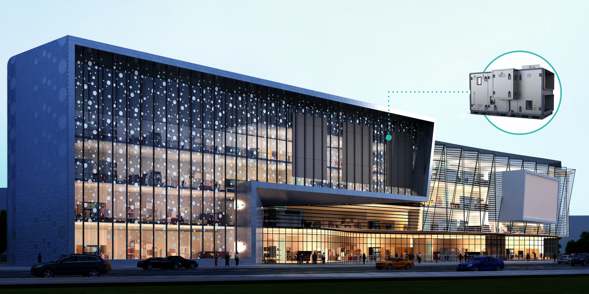 Geniox background image with 3D rendering of a building and Systemair products