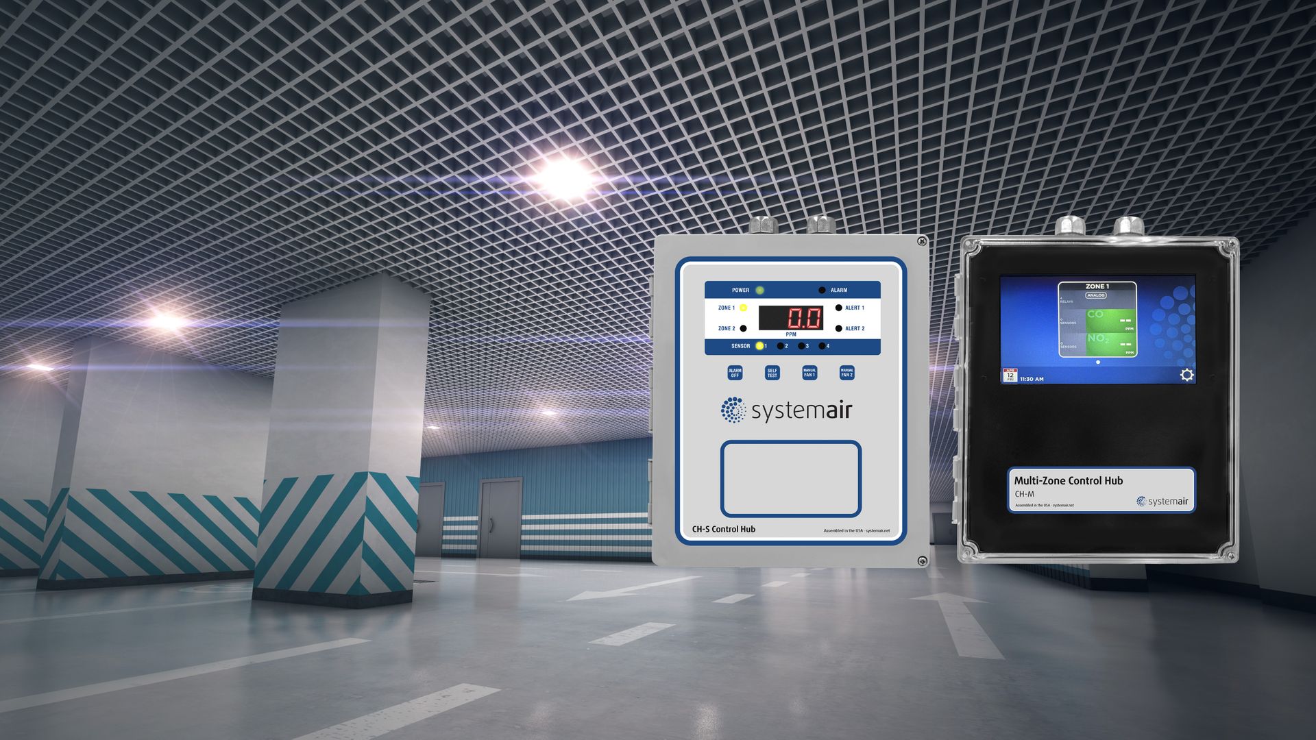 CH-S and CH-M gas control hubs on a parking garage background