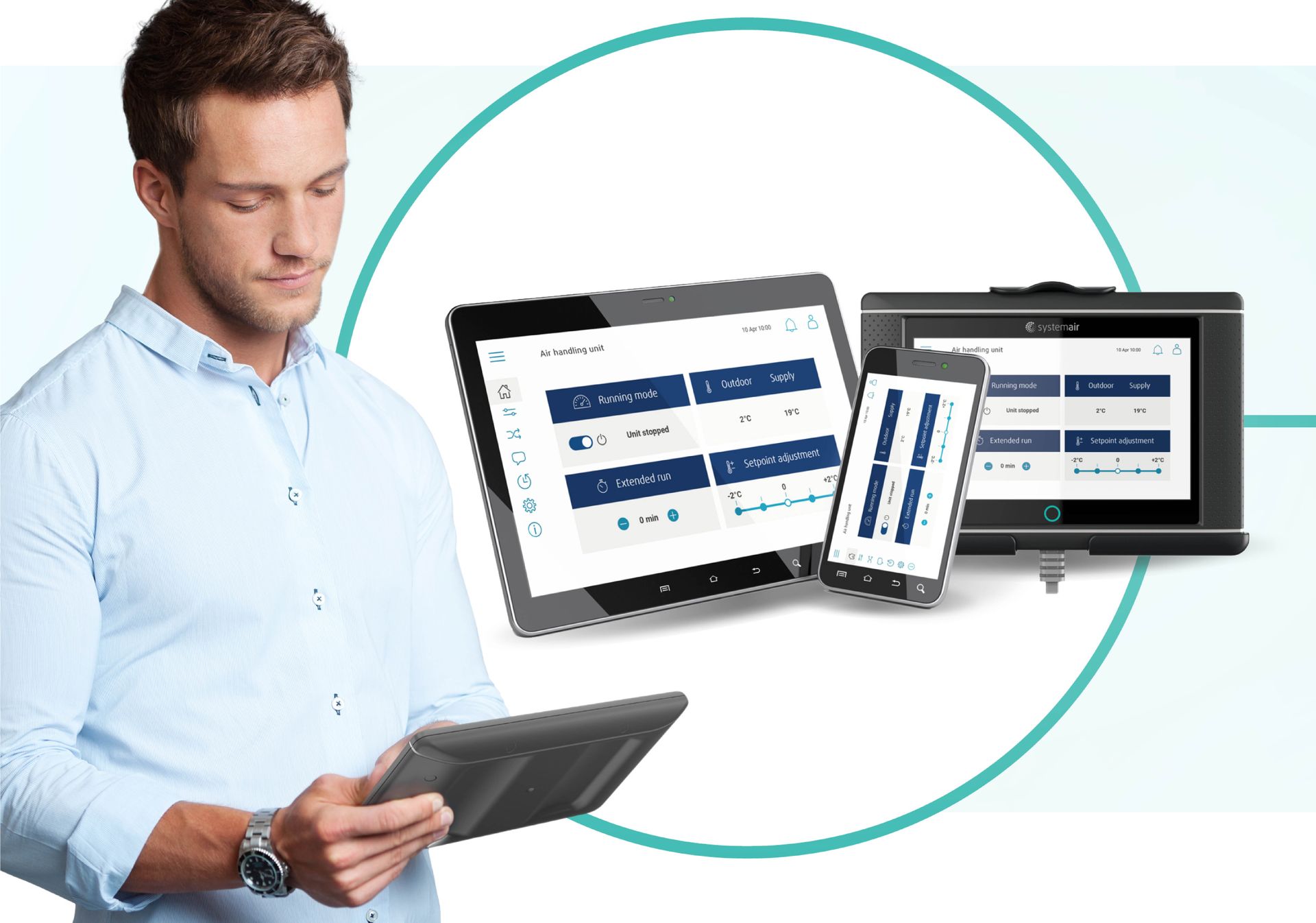 Photograph of a man holding a device next to 3D renderings of  devices showcasing the air handling unit app