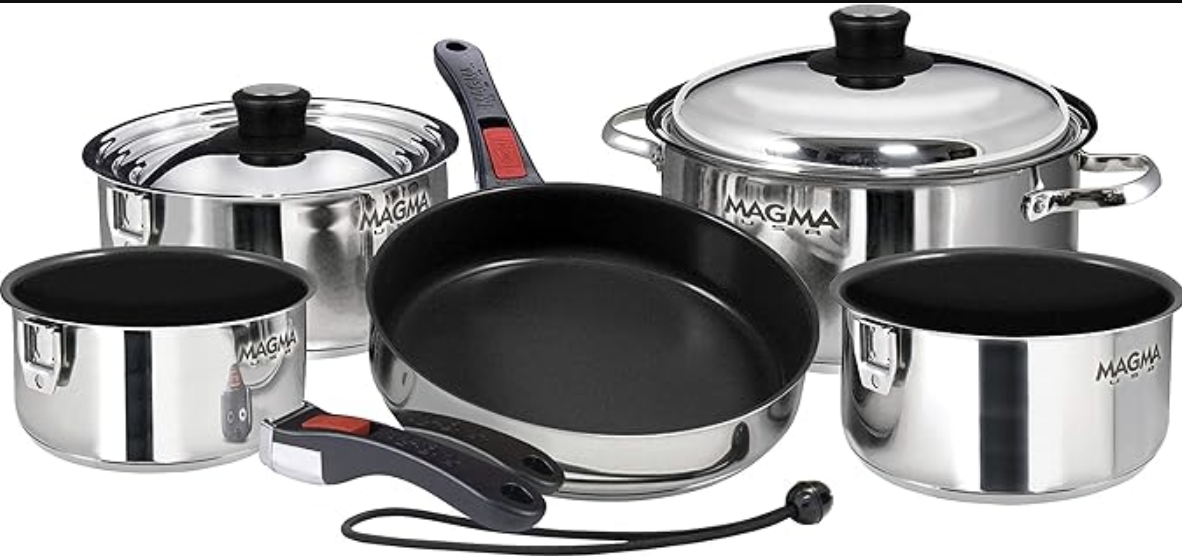 Set of stainless steel cookware with detachable handles, including pots, pans, and lids, displayed on a white background.