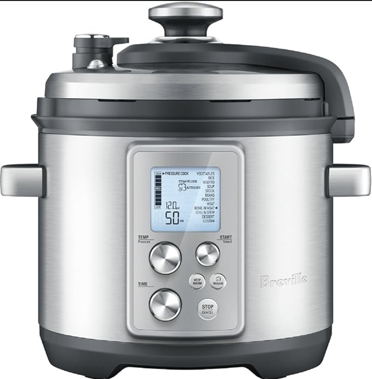 A stainless steel pressure cooker with a digital display, control knobs, and a secure lid, designed for versatile cooking options.