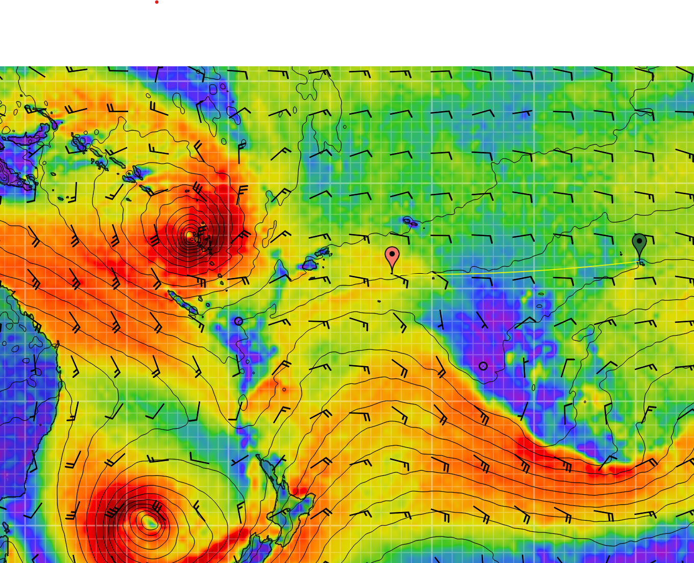 Colorful weather map showing wind patterns and pressure systems over a grid, with arrows indicating wind direction and intensity.