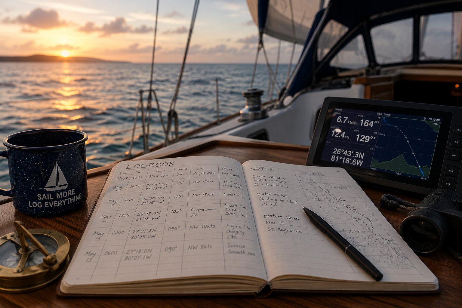 Sailing logbook and notes on a yacht deck at sunset, with a compass, mug, navigational screen, binoculars, and sail ropes in the background.