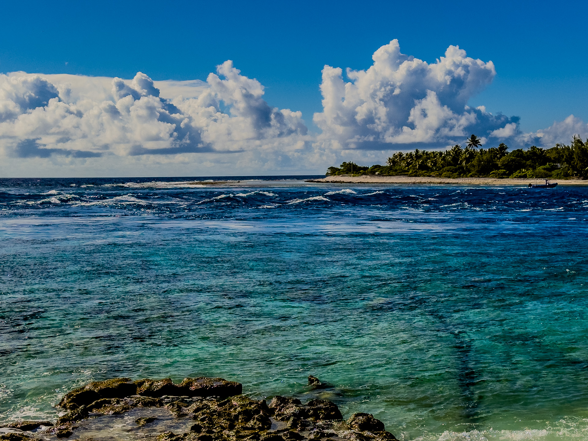Clear turquoise ocean with gentle waves, rocky foreground, and a distant shoreline lined with palm trees under a sky filled with fluffy clouds.