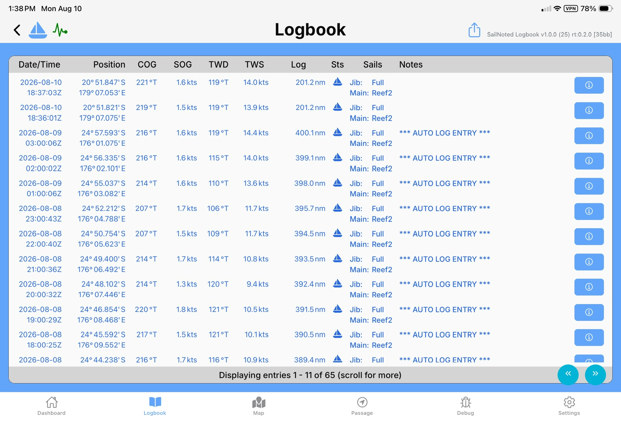 Sailboat logbook display showing position, speed, and sailing data for multiple entries, with navigation and note icons on the right.
