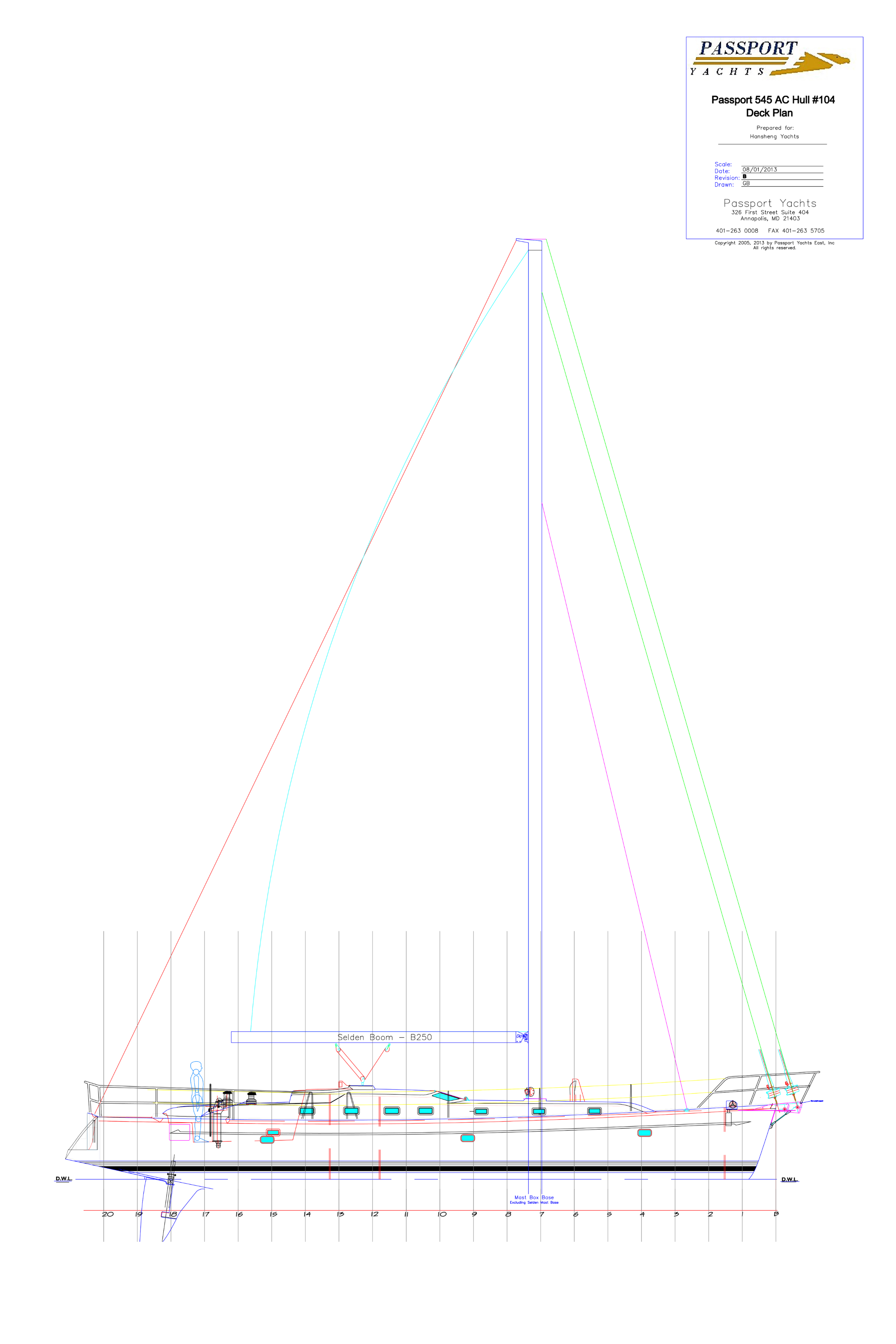 Technical drawing of a sailboat side view, showing mast, sails, and deck layout with measurements and annotations.