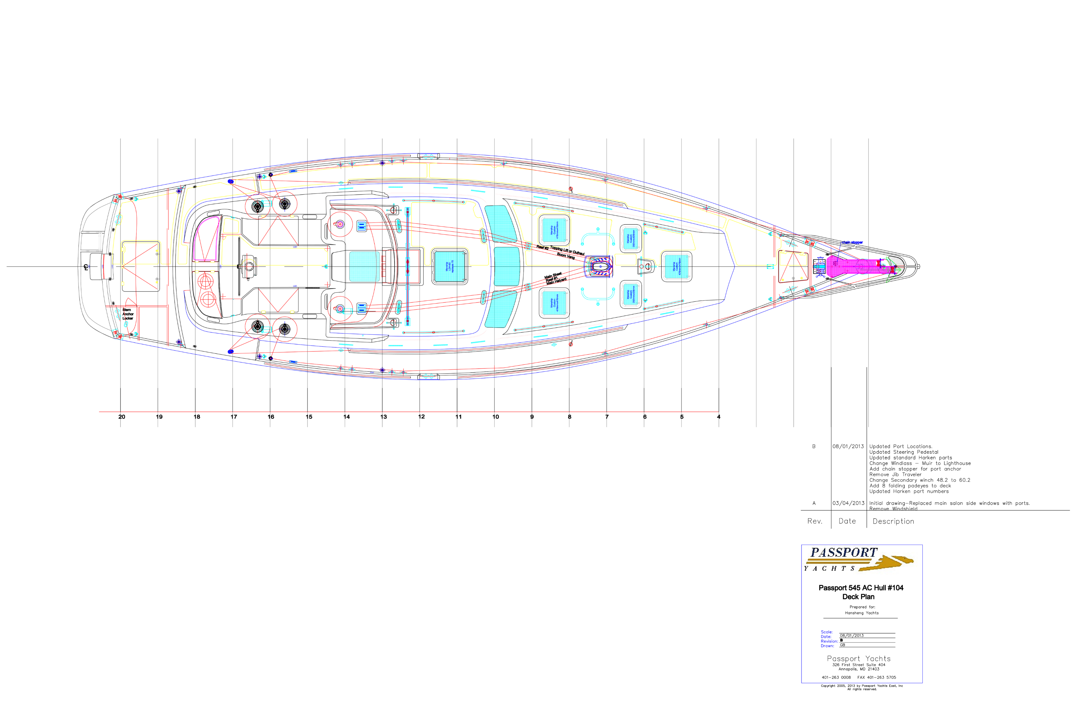 Blueprint of a sailboat's deck layout, showing detailed sections and measurements with a labeled key in the bottom right corner.