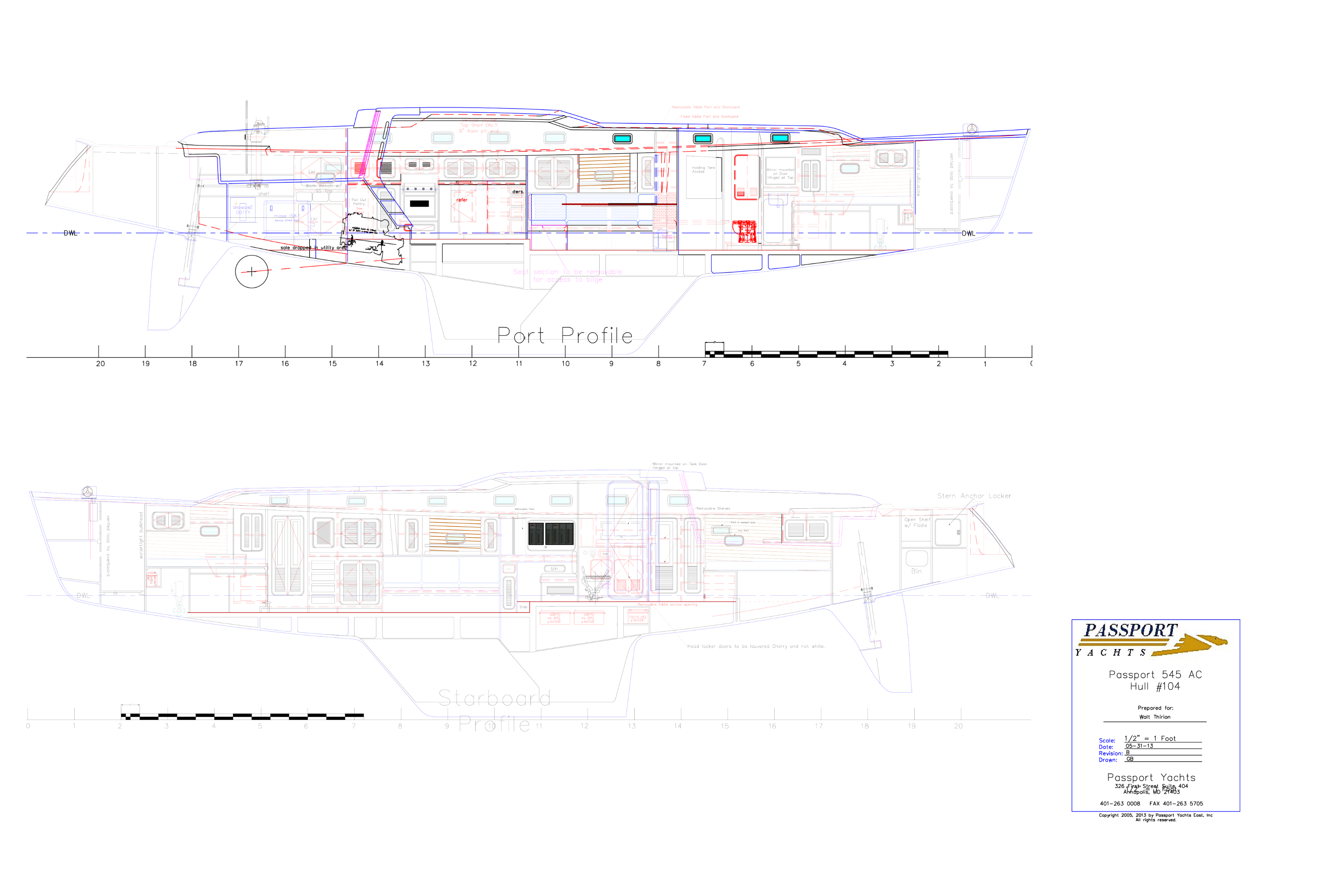 Technical blueprint of a yacht's port and starboard profiles, showing detailed interior layouts and specifications.