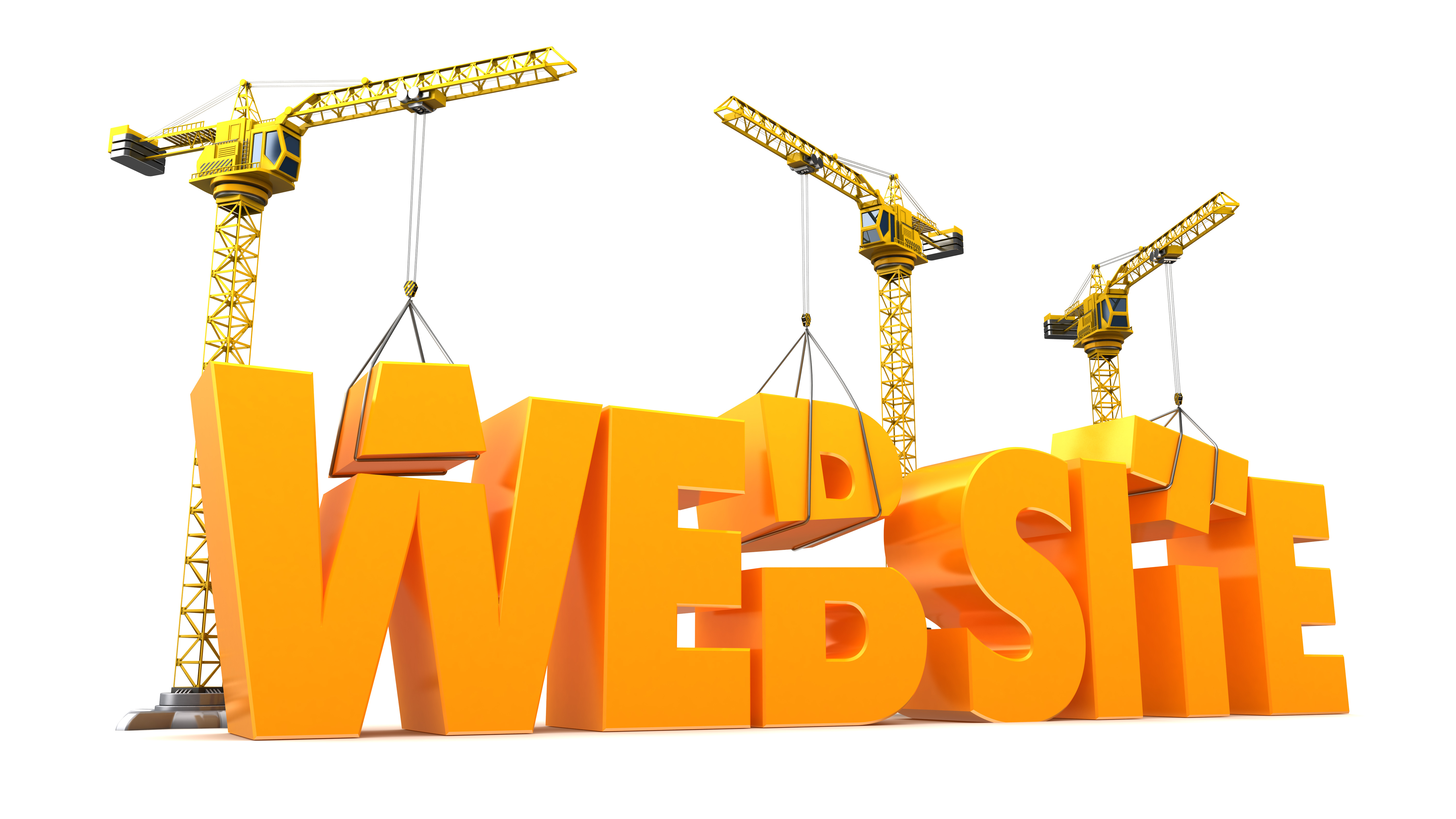 Cranes constructing the 3D word "WEBSITE" in large orange letters, symbolizing website development.